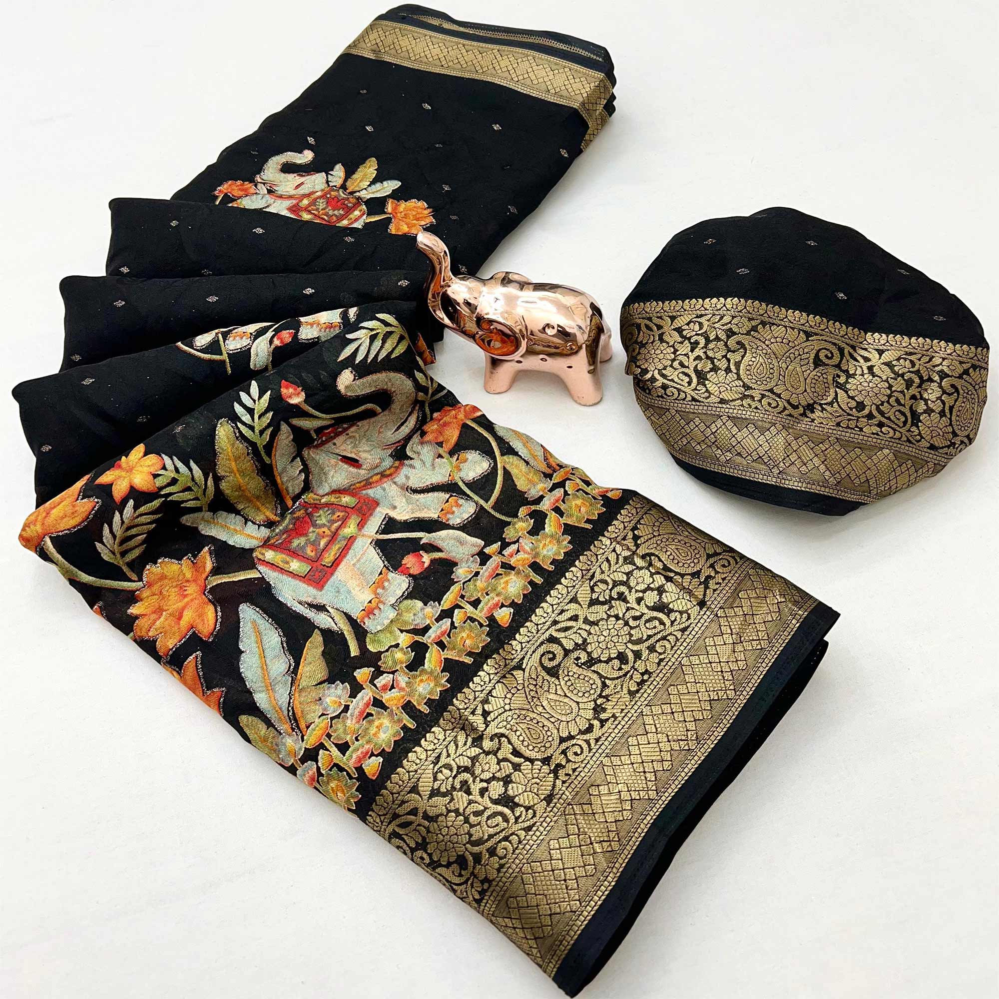Elegant Black Elephant & Floral Printed Georgette Saree Accented With Gleaming Weaving Zari Border