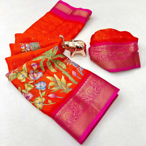 Elegant Orange Peacock & Floral Printed Georgette Saree Accented With Gleaming Weaving Zari Border