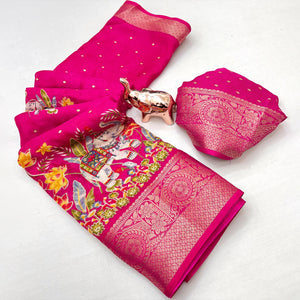 Elegant Pink Elephant & Floral Printed Georgette Saree Accented With Gleaming Weaving Zari Border