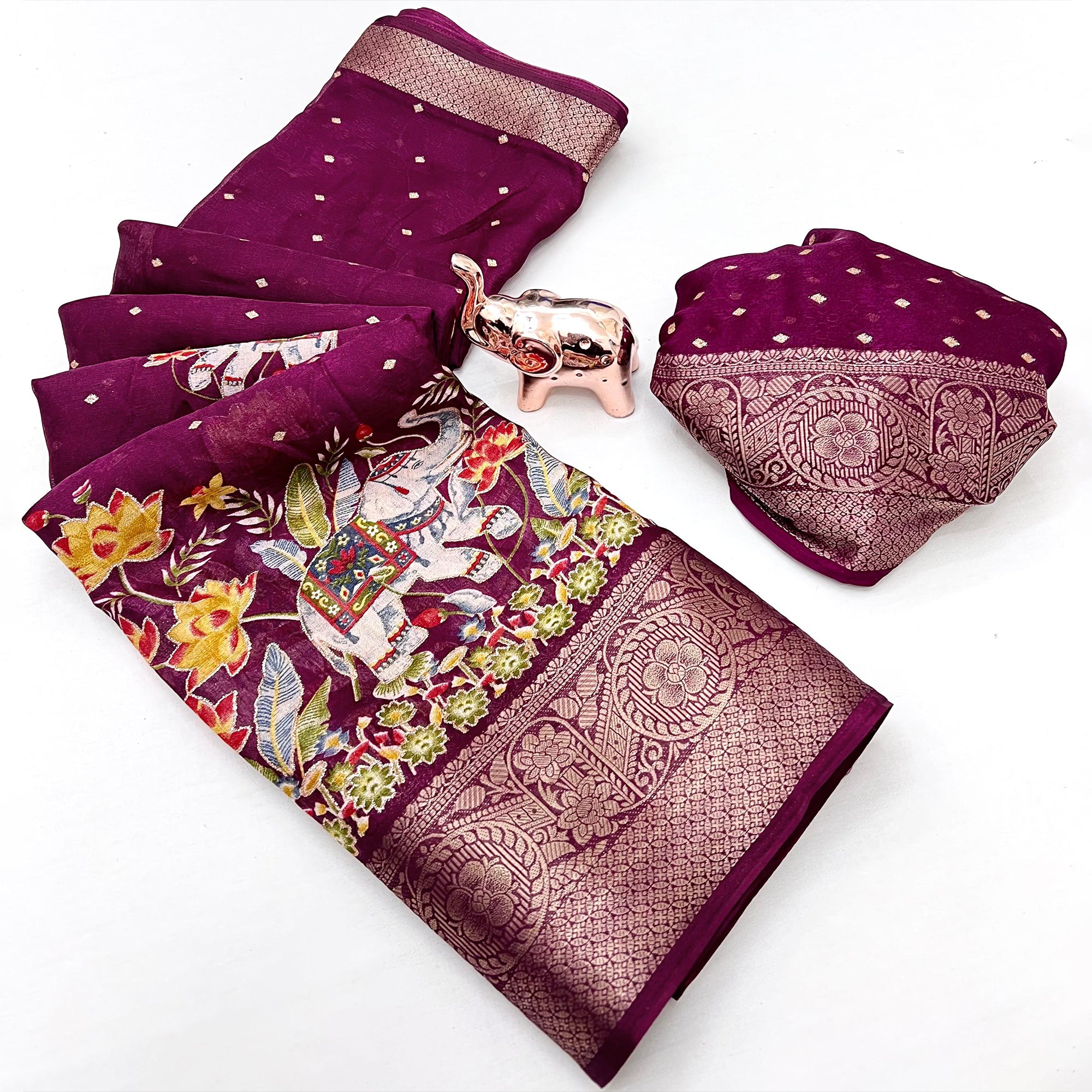Elegant Wine Elephant & Floral Printed Georgette Saree Accented With Gleaming Weaving Zari Border