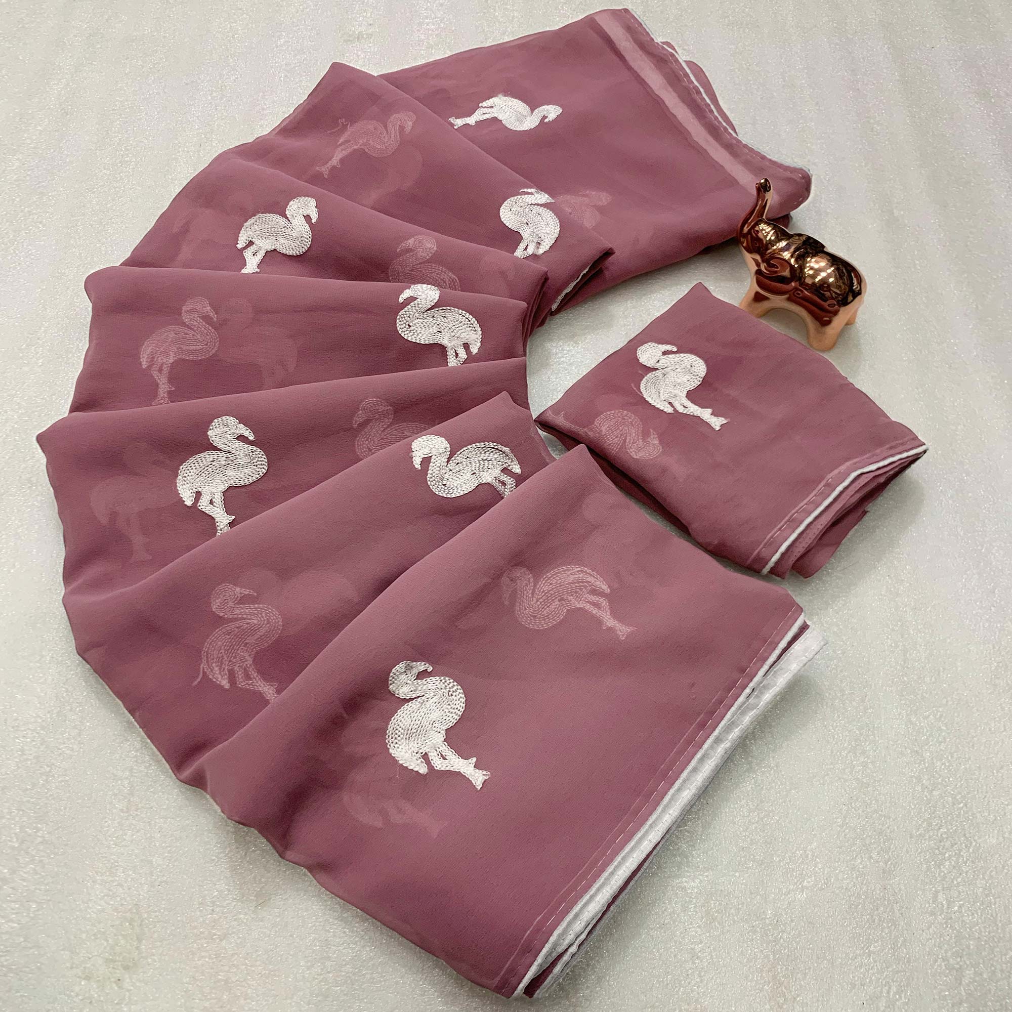 Dusty Rose Pink Georgette Saree With Intricate Bird Pattern Thread Embroidery
