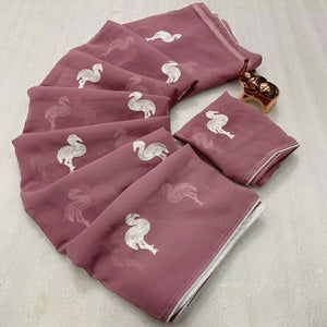 Dusty Rose Pink Georgette Saree With Intricate Bird Pattern Thread Embroidery