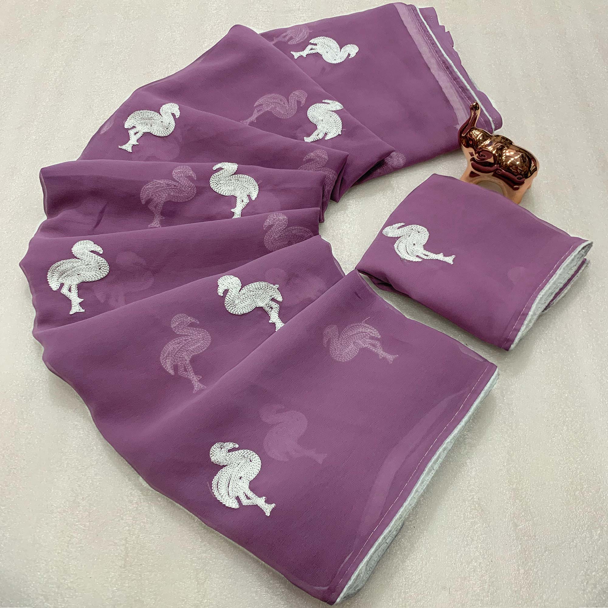 Dusty Purple Georgette Saree With Intricate Bird Pattern Thread Embroidery