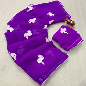 Purple Georgette Saree With Intricate Bird Pattern Thread Embroidery