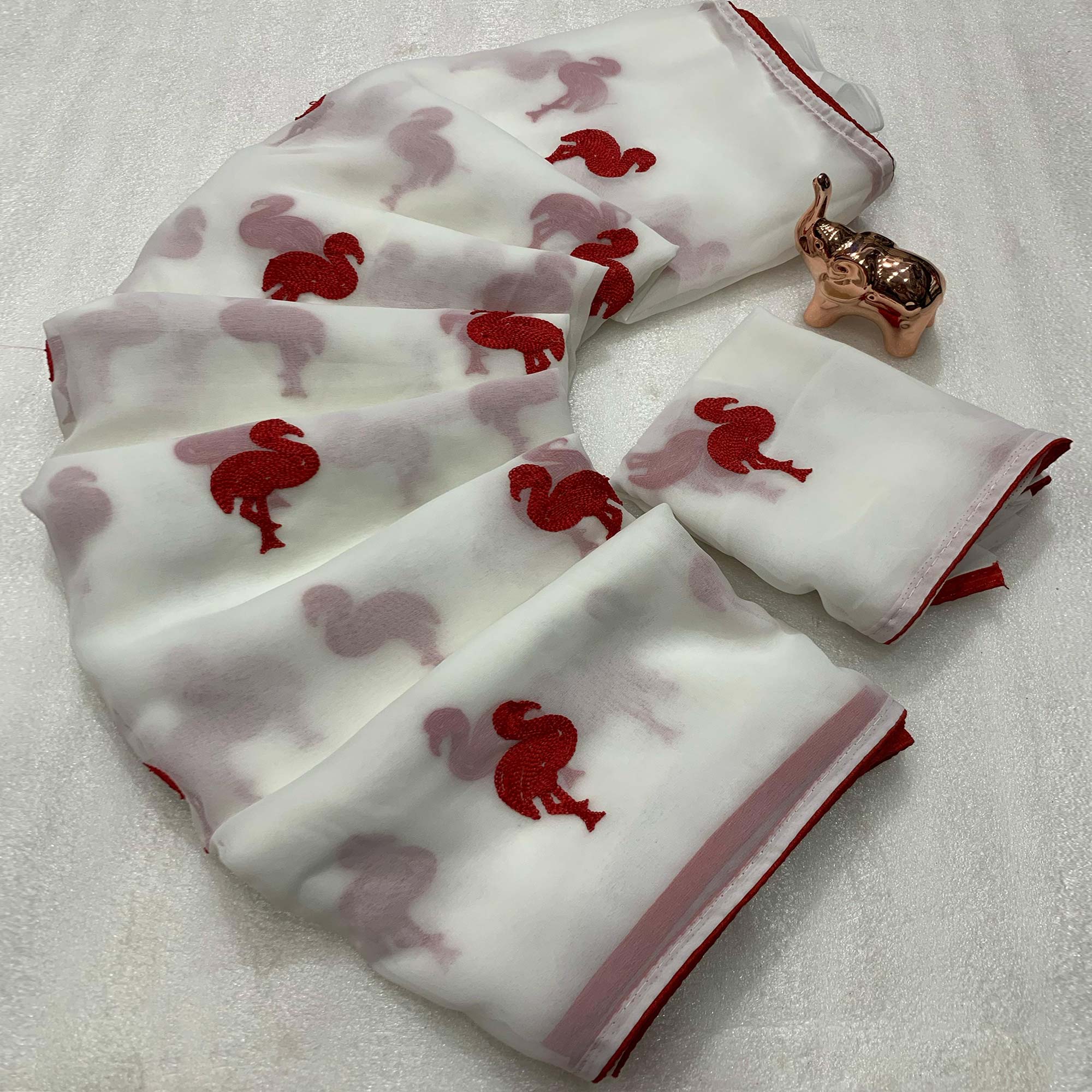 White Georgette Saree With Intricate Bird Pattern Thread Embroidery