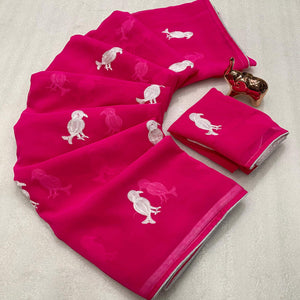 Pink Georgette Saree Adorned With Elegant Bird Embroidery