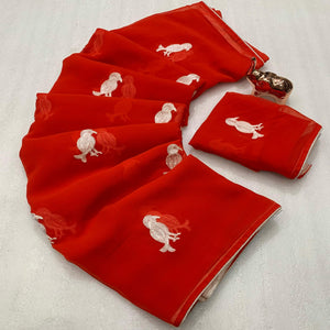 Red Georgette Saree Adorned With Elegant Bird Embroidery