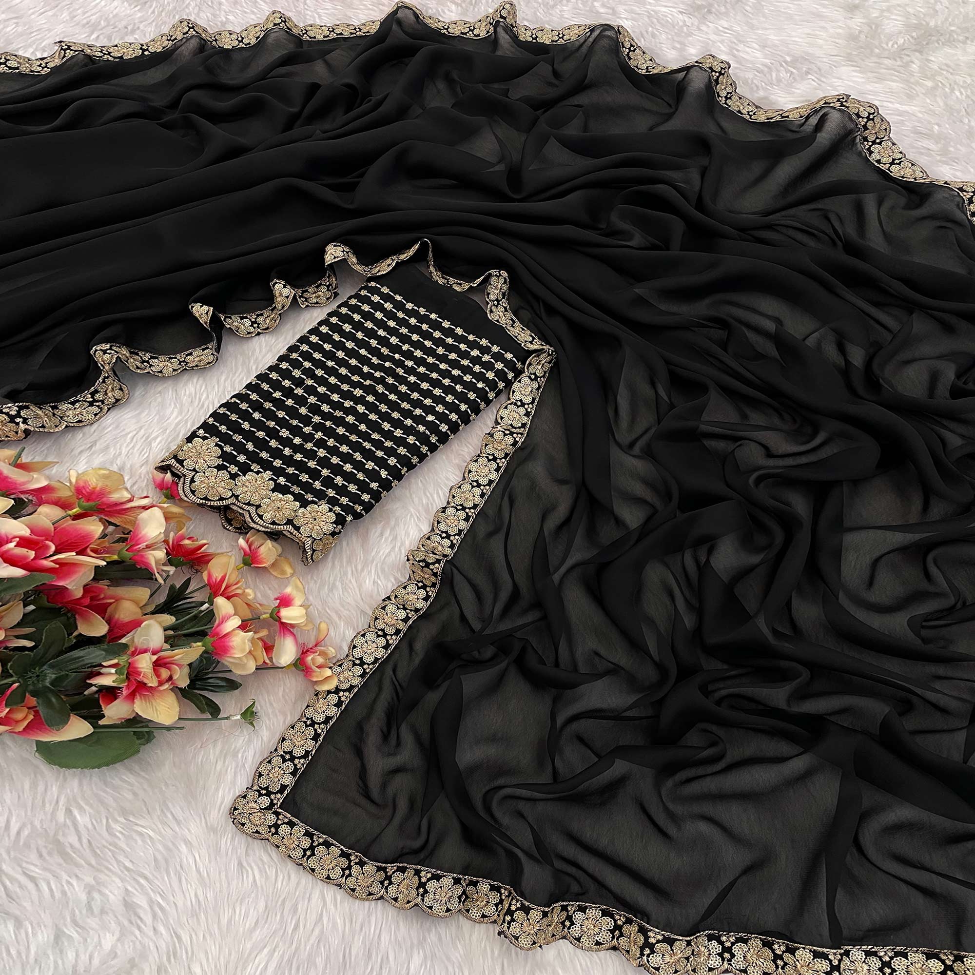 Black Solid Rangoli Art Silk Saree With Sequins Embroidered Border