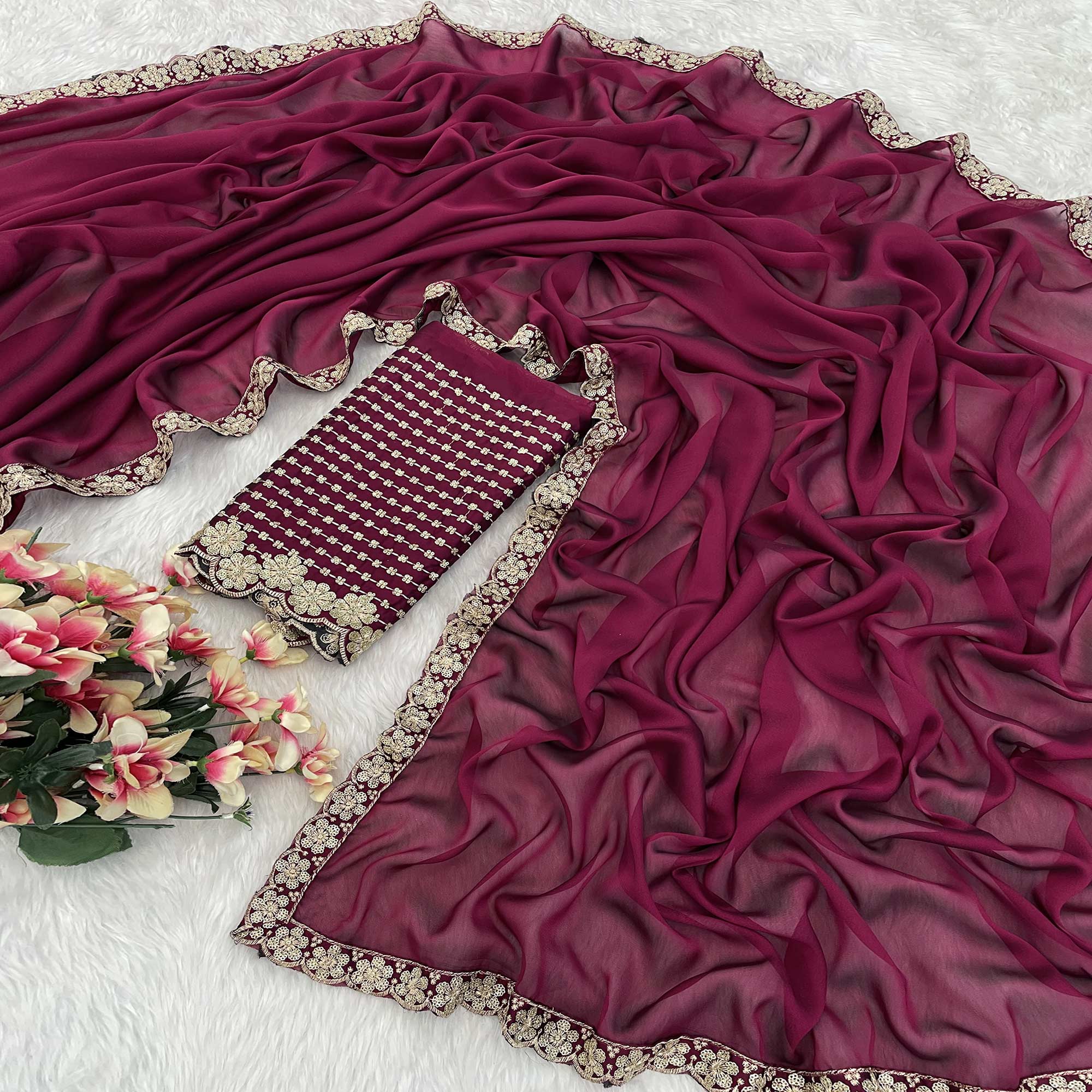 Dark Magenta Solid Rangoli Art Silk Saree With Sequins Embroidered Border