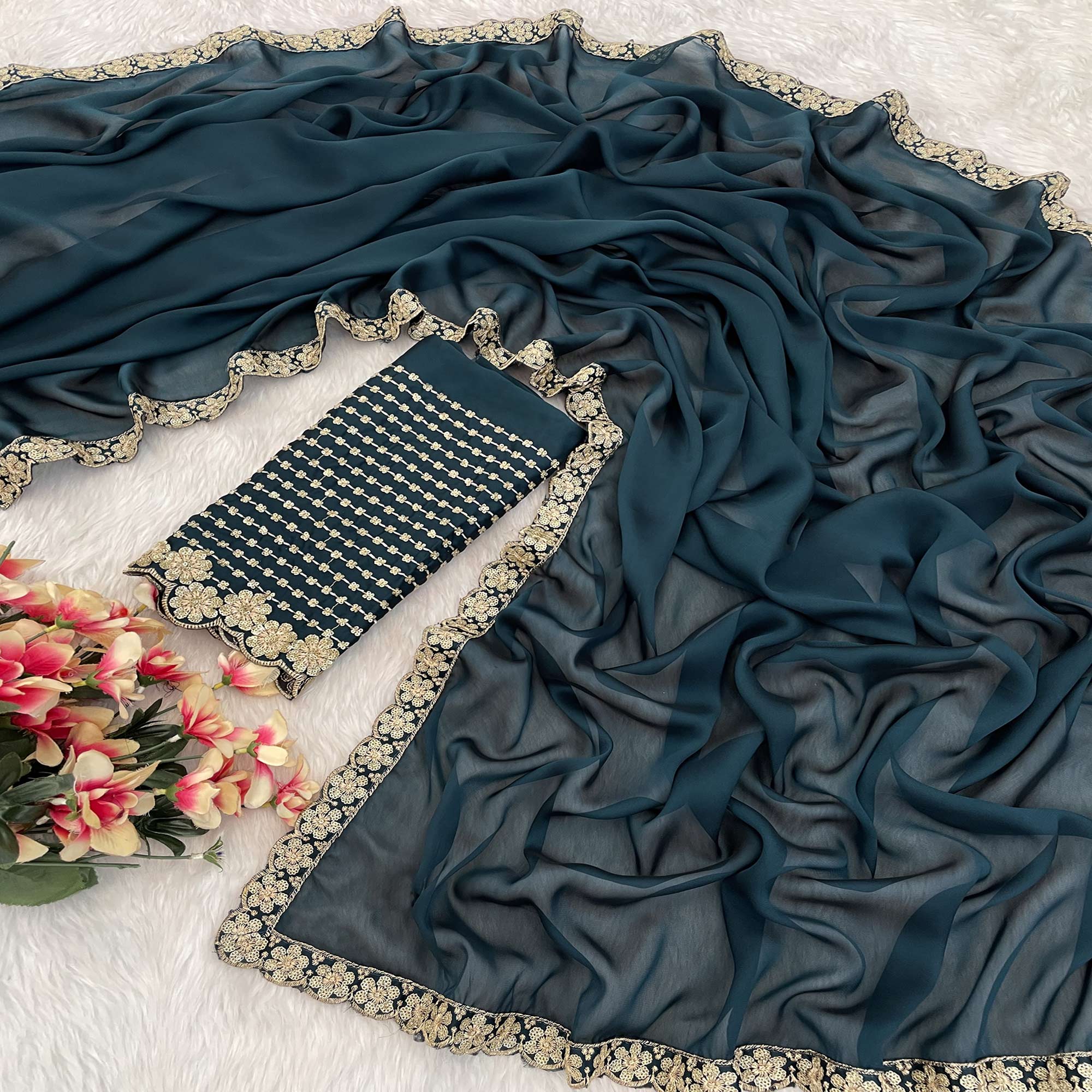 Dark Teal Blue Solid Rangoli Art Silk Saree With Sequins Embroidered Border