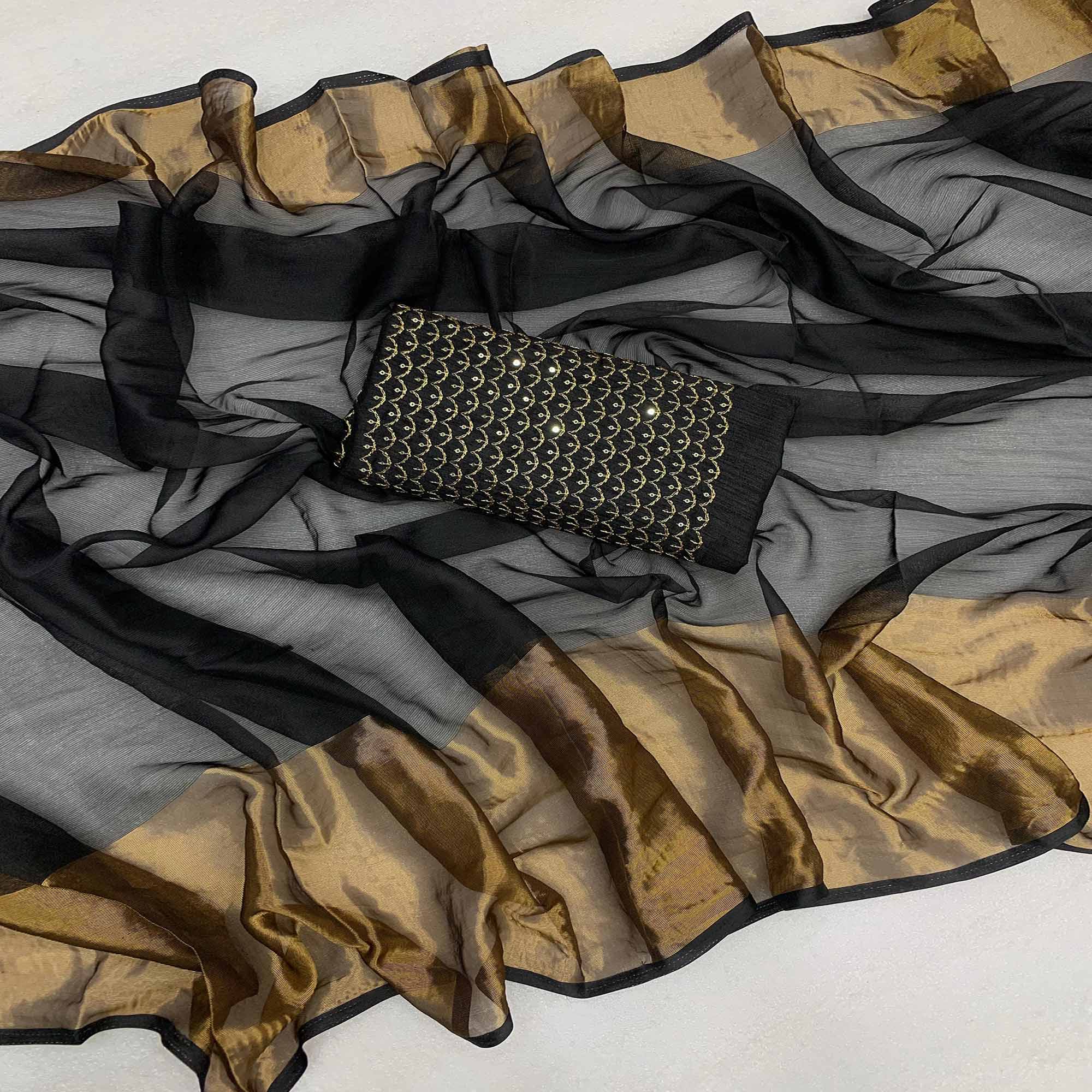 Black Woven Chiffon Saree With Zari Border