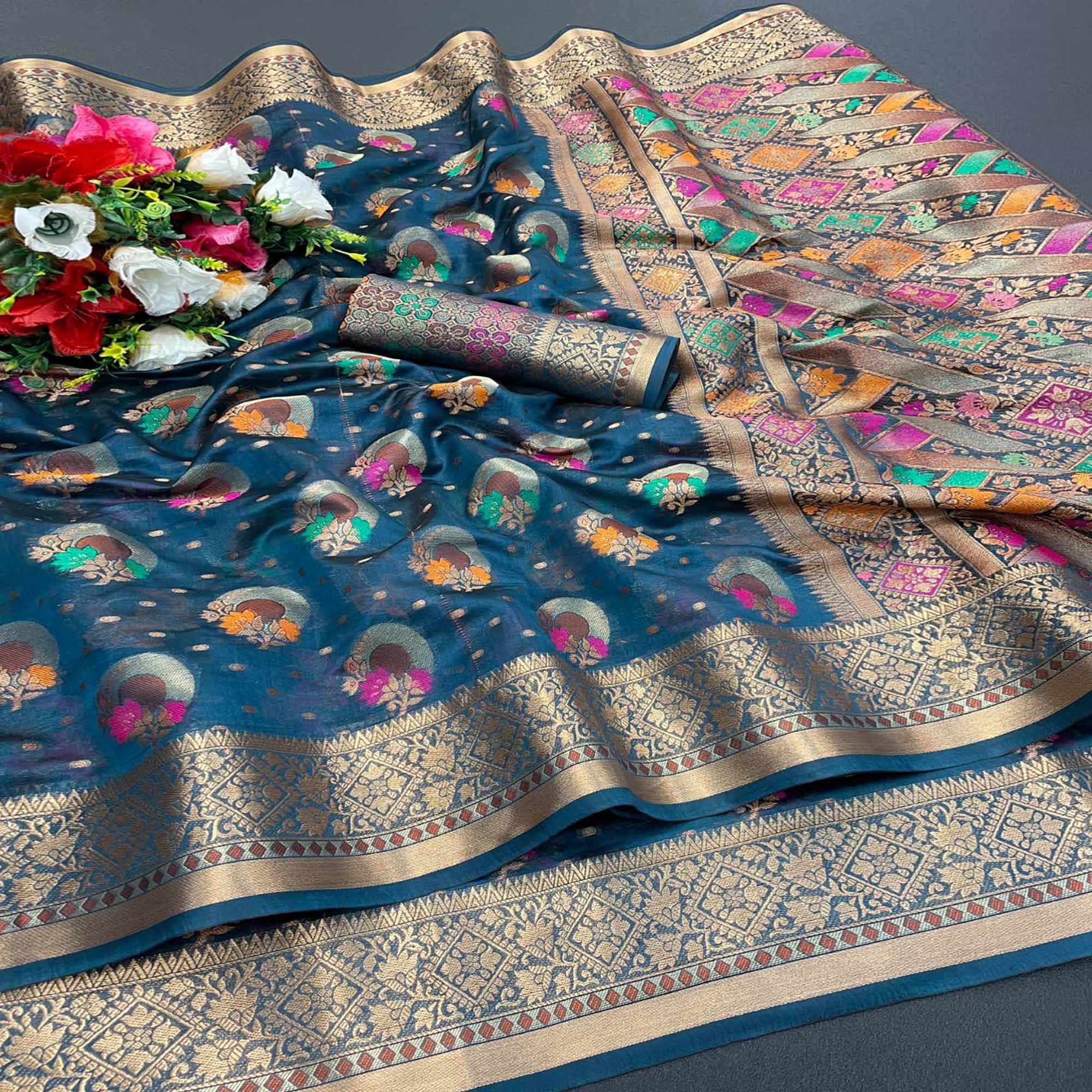 Blue Woven Organza Saree with Jacquard Border