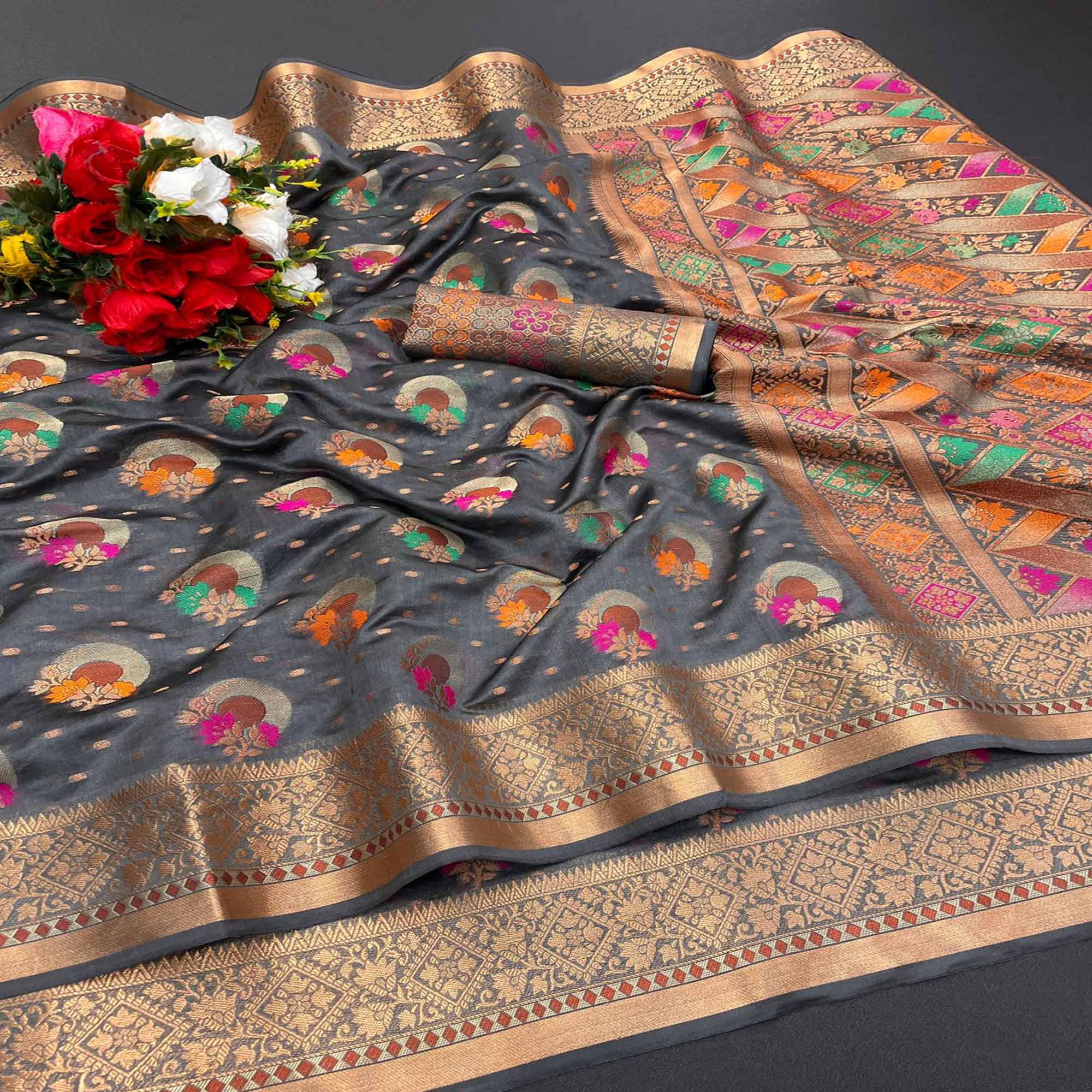 Grey Woven Organza Saree with Jacquard Border