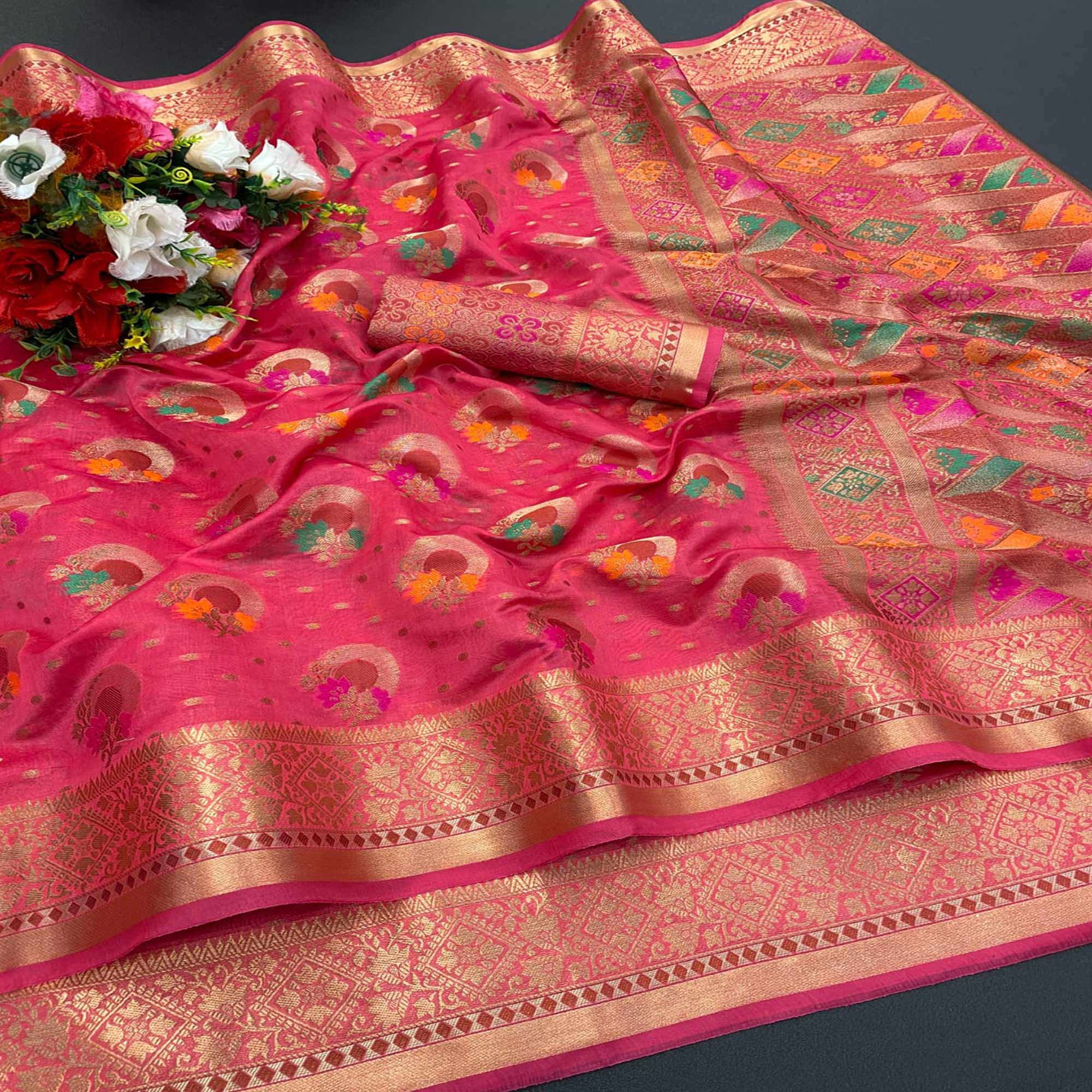 Pink Woven Organza Saree with Jacquard Border