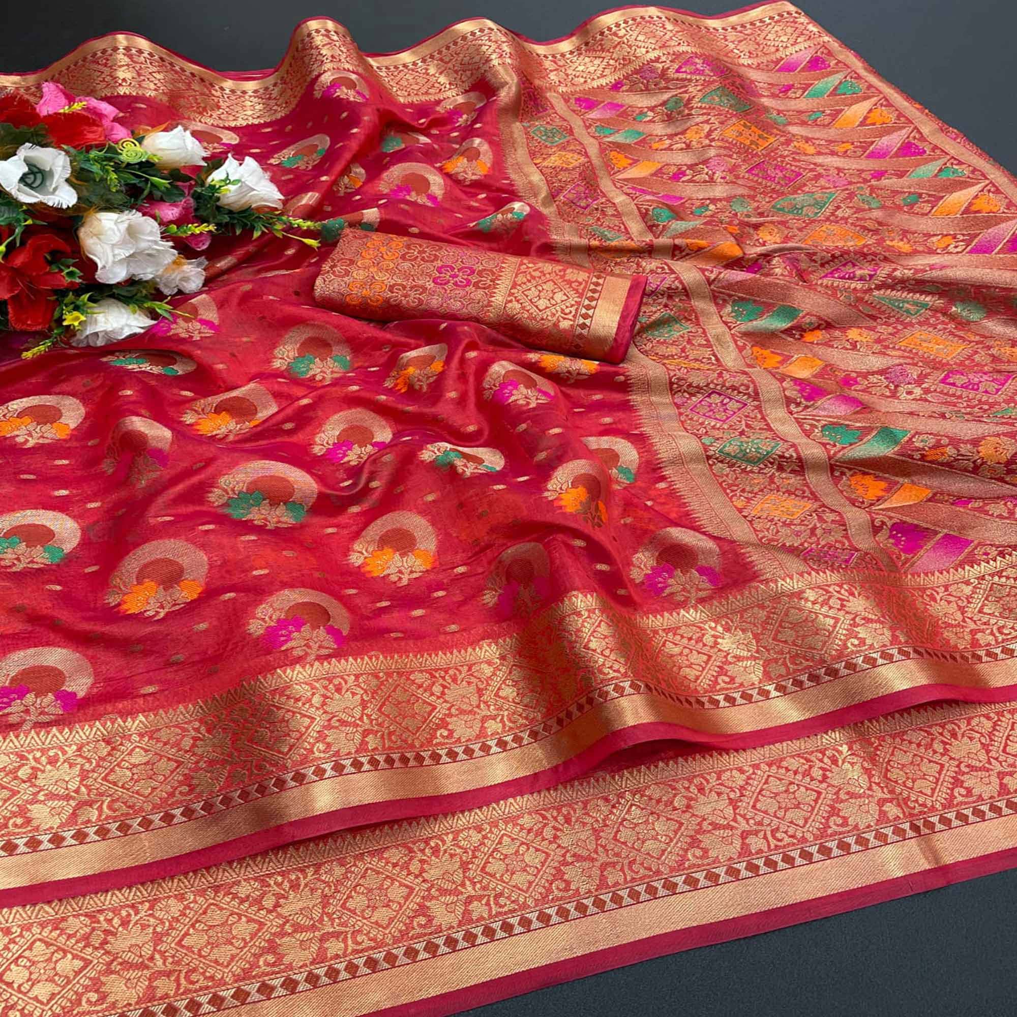 Red Woven Organza Saree with Jacquard Border