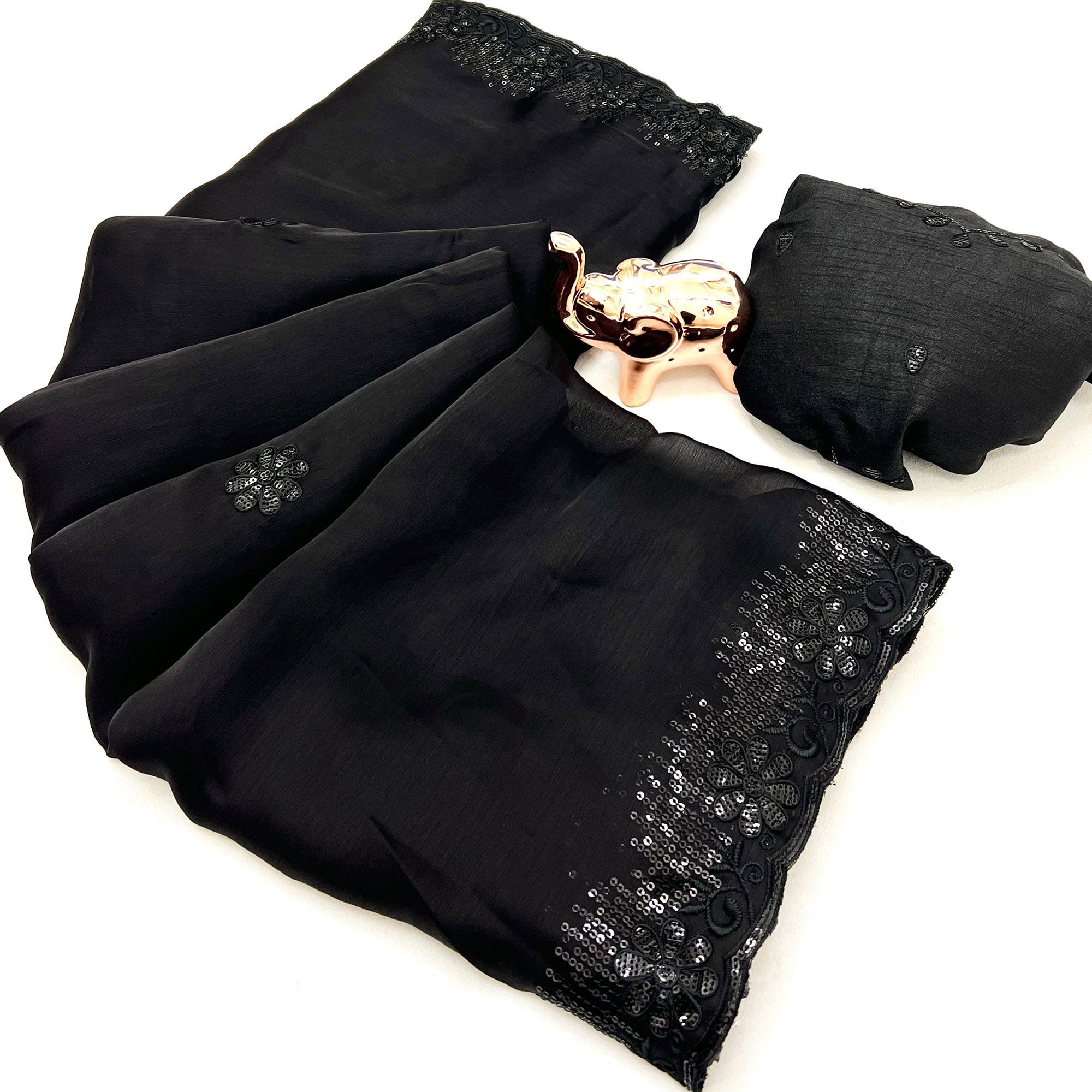 Lightweight Black Embroidered Saree with Shimmering Sequins on Chiffon
