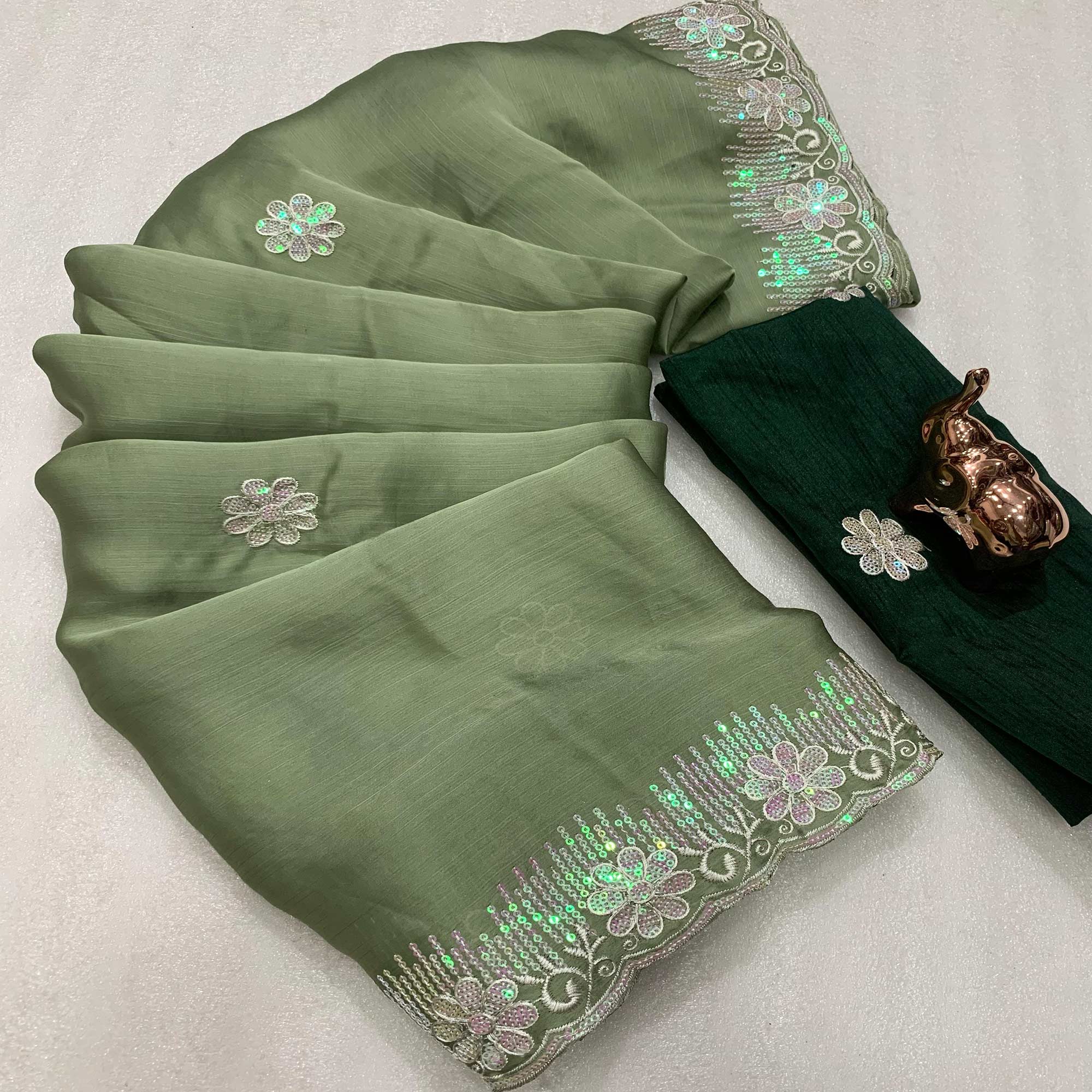 Lightweight Green Embroidered Saree with Shimmering Sequins on Chiffon