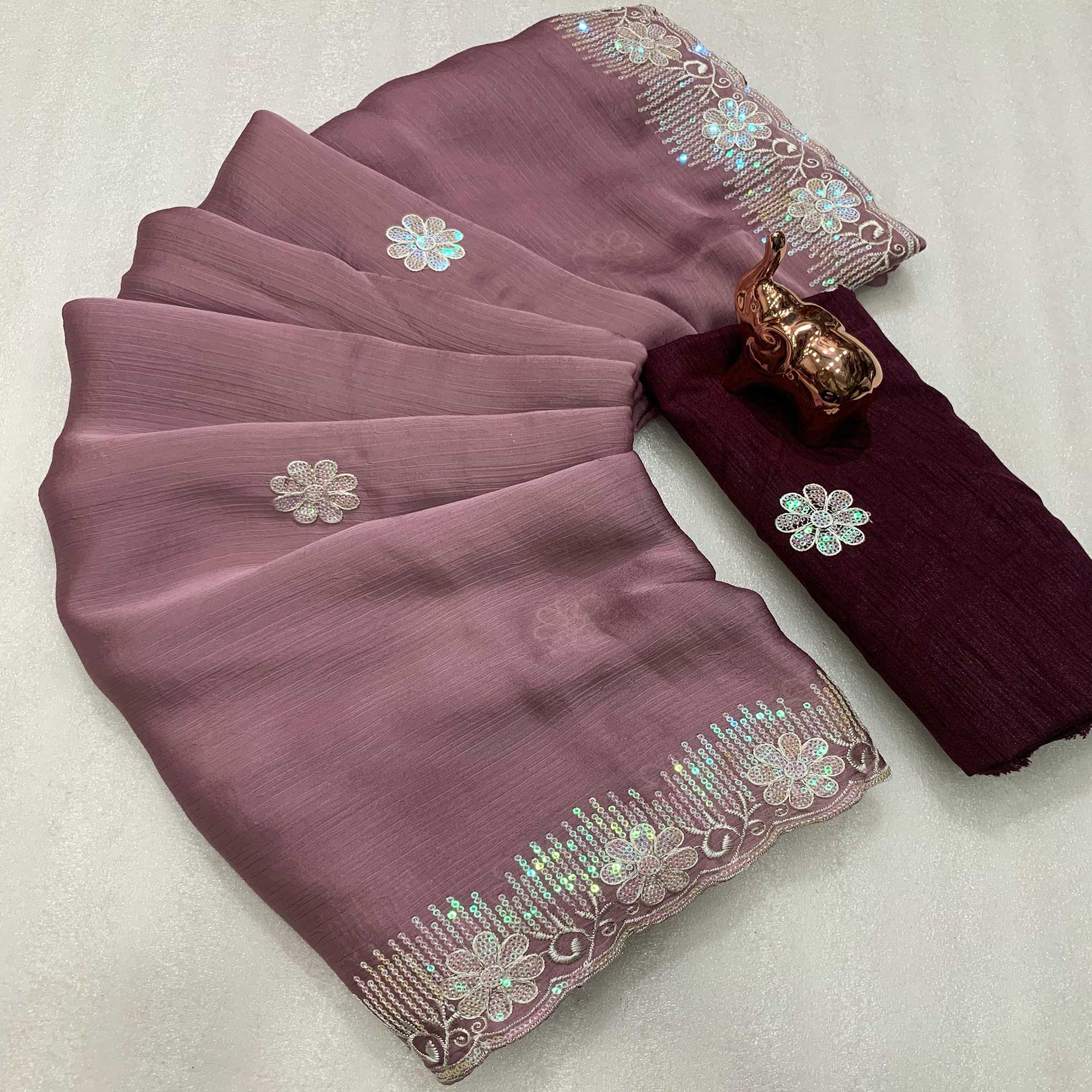 Lightweight Mauve Embroidered Saree with Shimmering Sequins on Chiffon