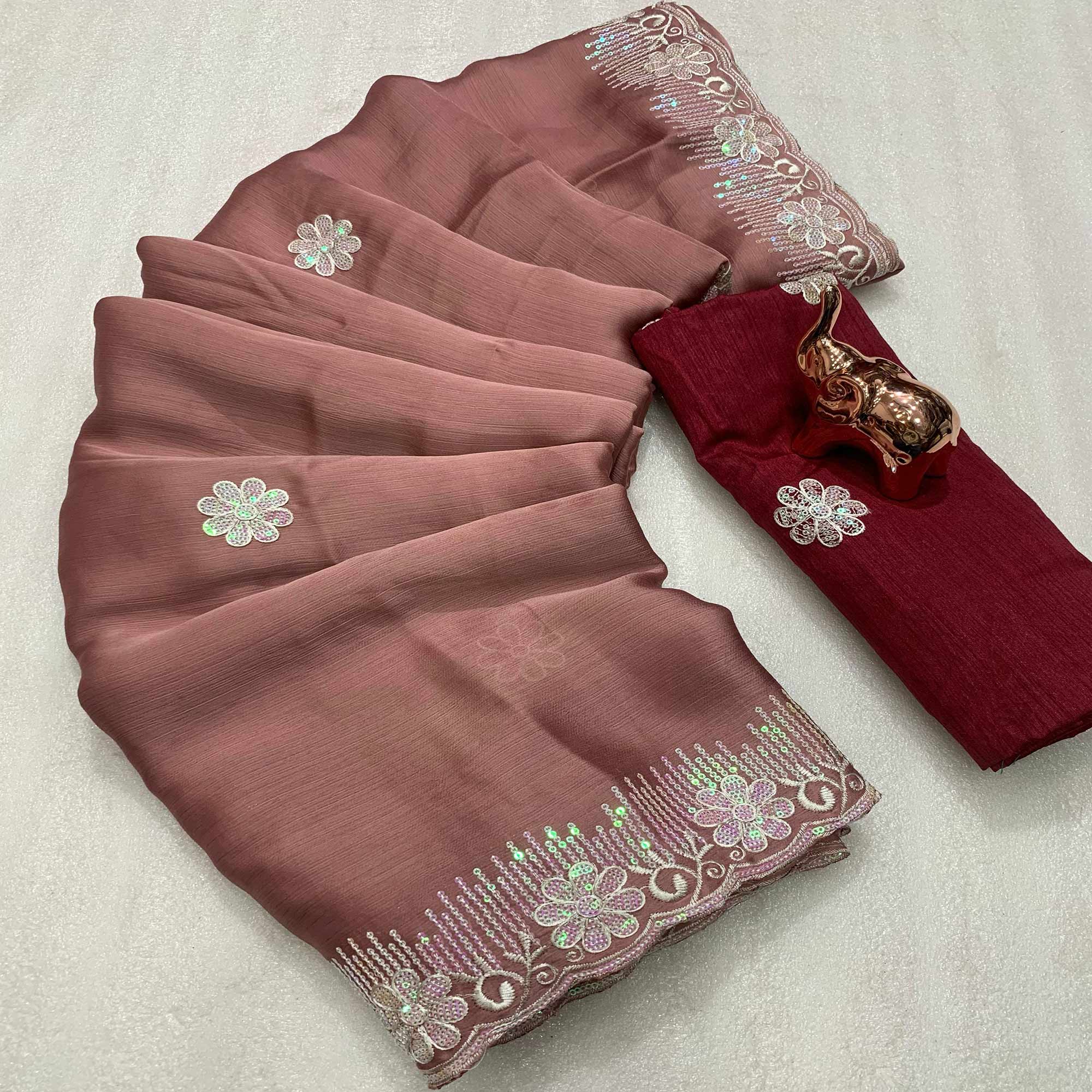 Lightweight Rosewood Brown Embroidered Saree with Shimmering Sequins on Chiffon
