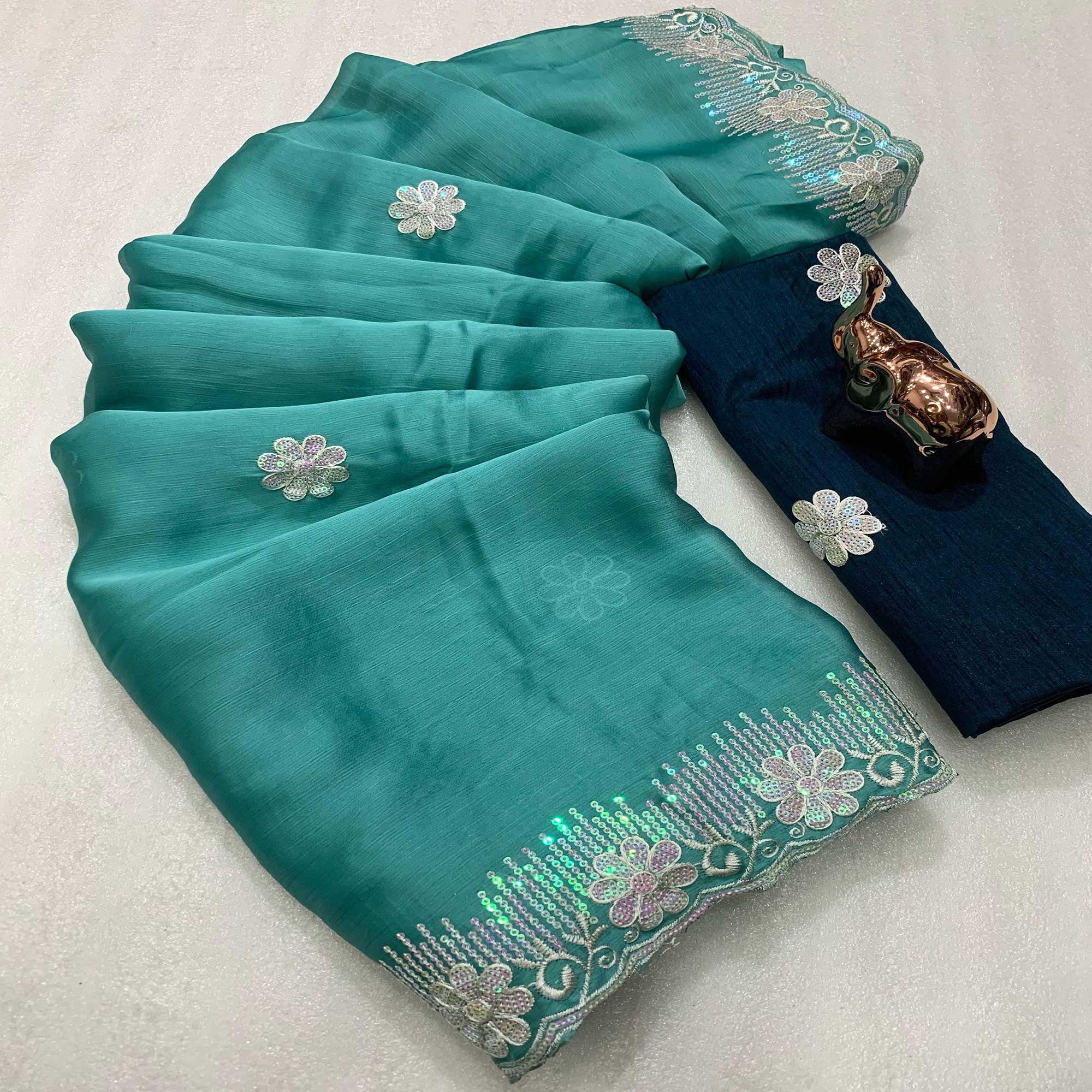 Lightweight Turquoise Embroidered Saree with Shimmering Sequins on Chiffon
