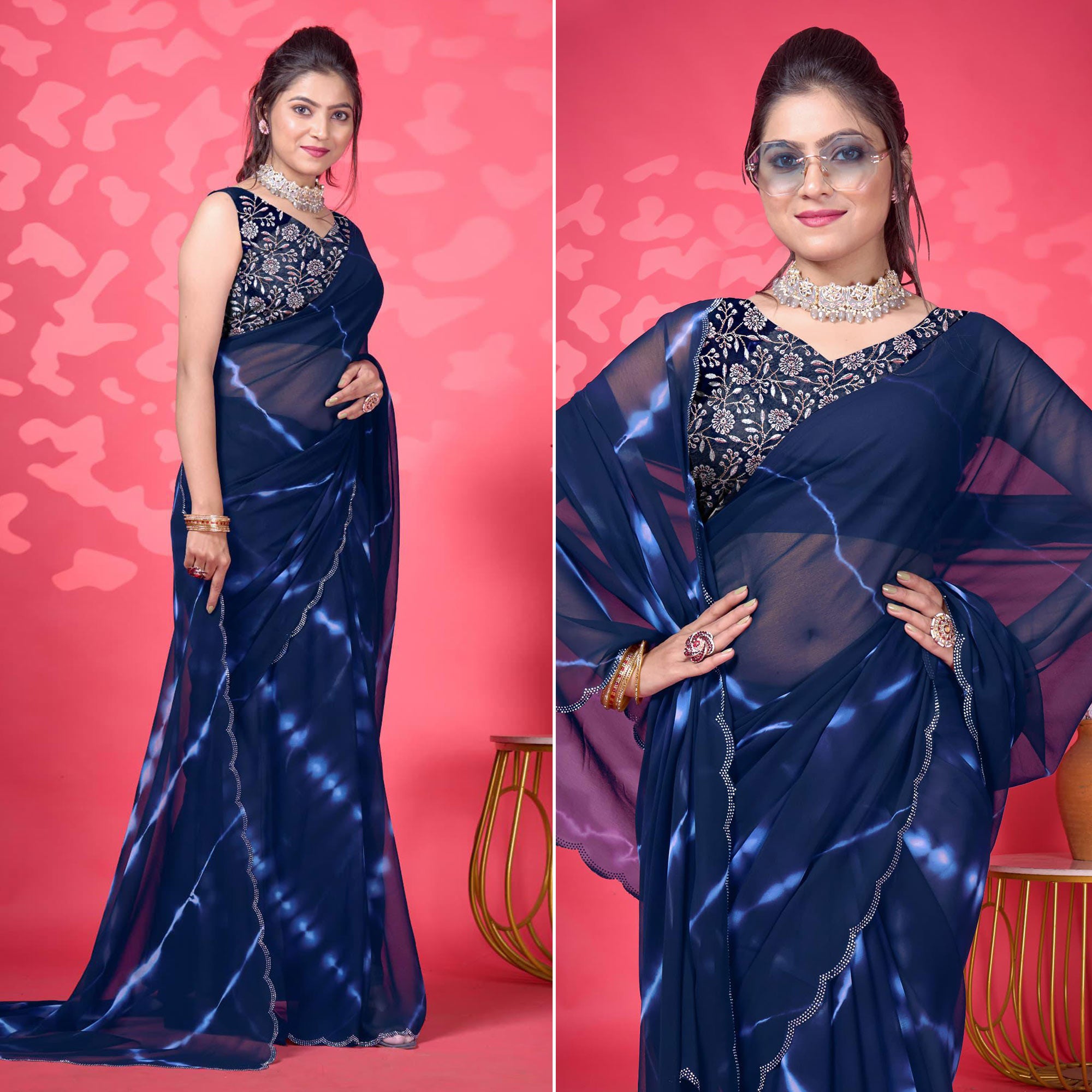 Blue Leheriya Printed Georgette Saree