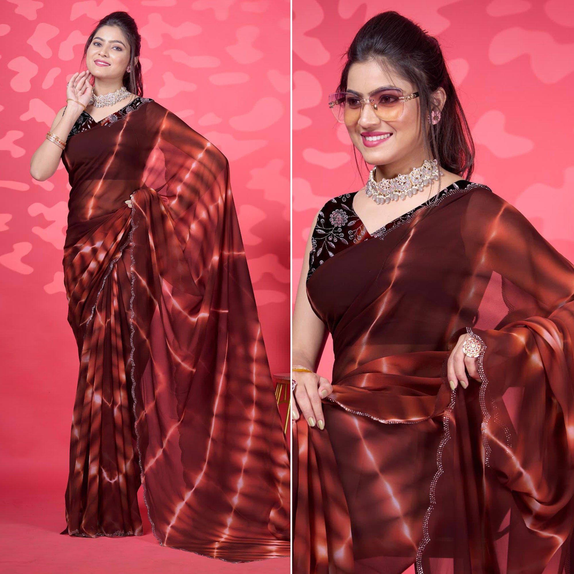 Brown Leheriya Printed Georgette Saree