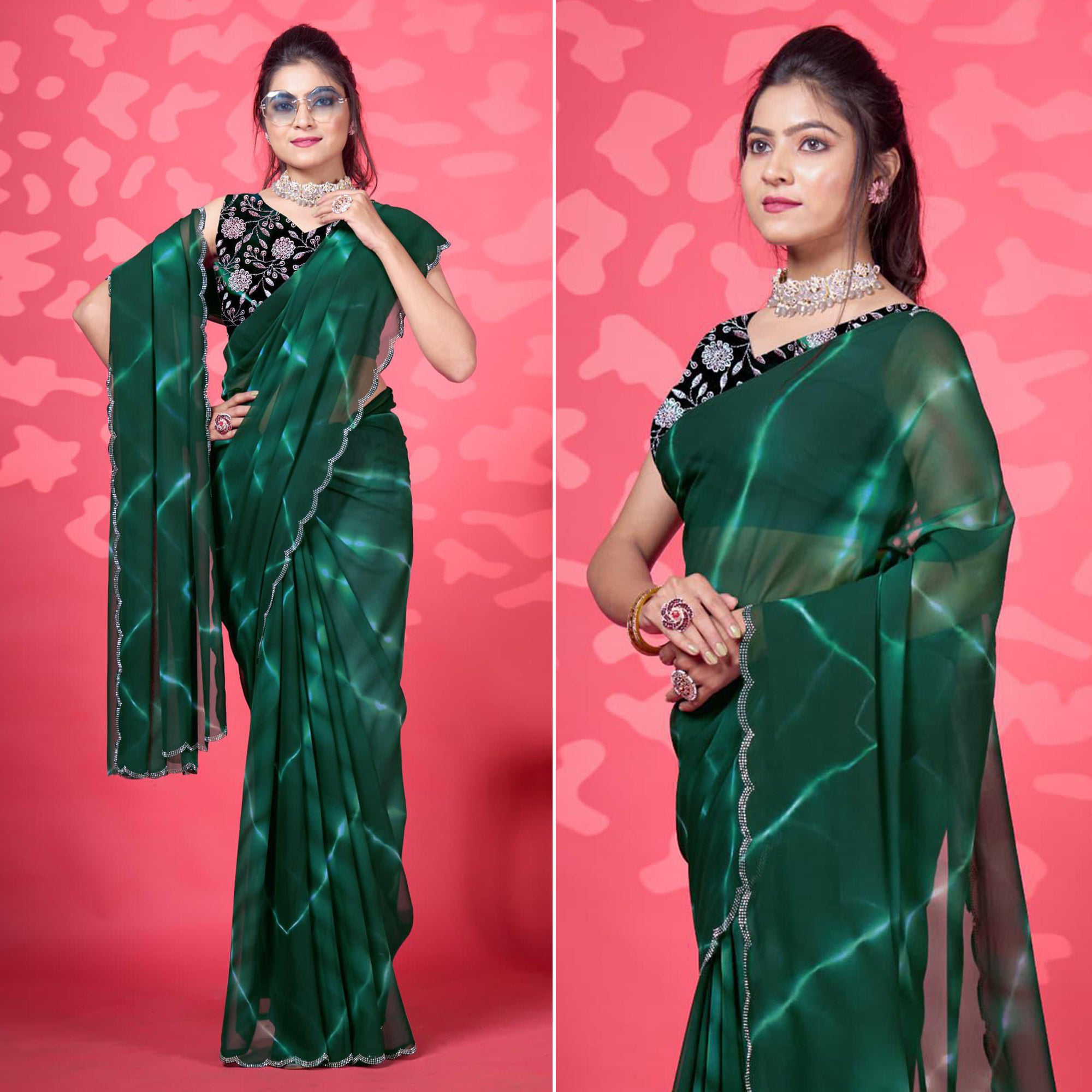 Green Leheriya Printed Georgette Saree