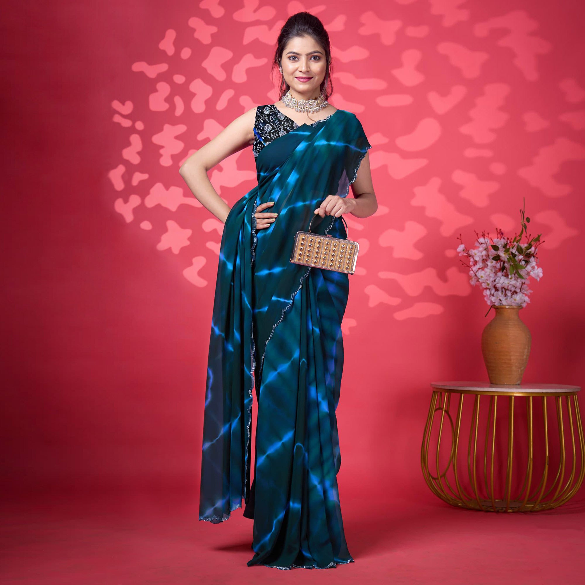 Morpich Blue Leheriya Printed Georgette Saree