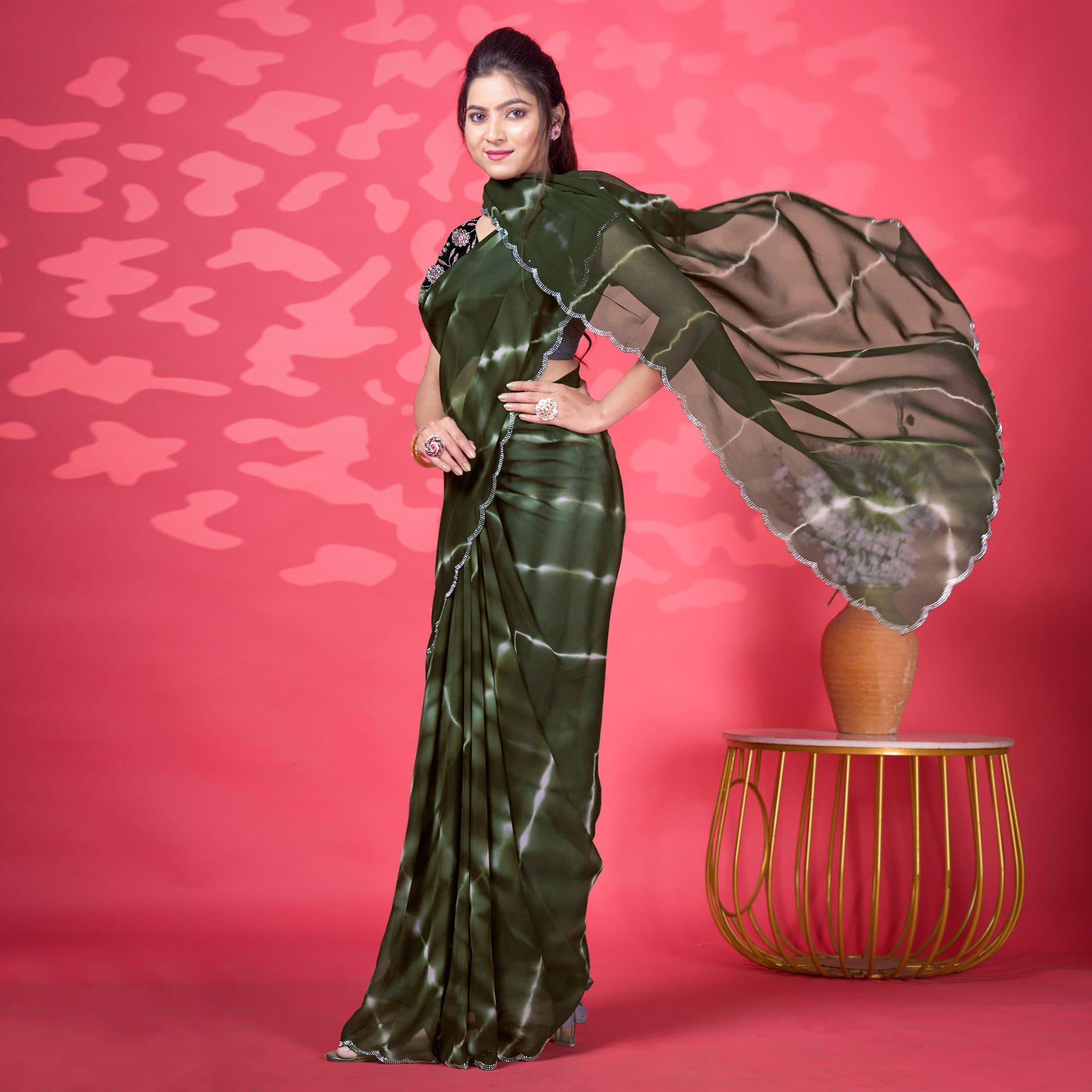 Mehandi Green Leheriya Printed Georgette Saree