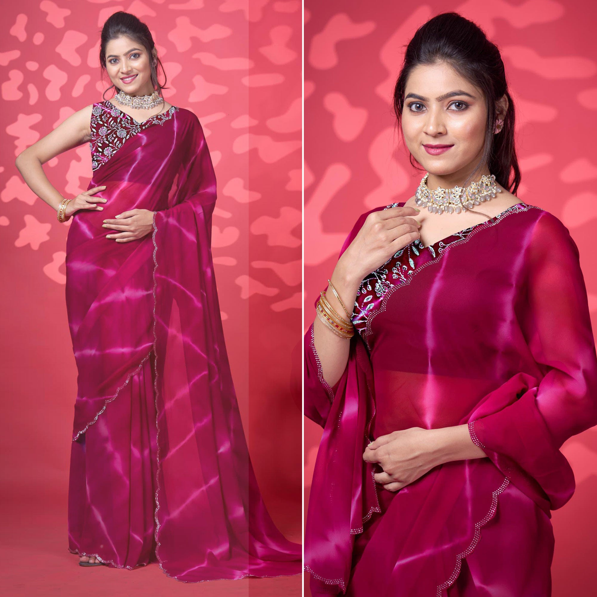 Magenta Leheriya Printed Georgette Saree