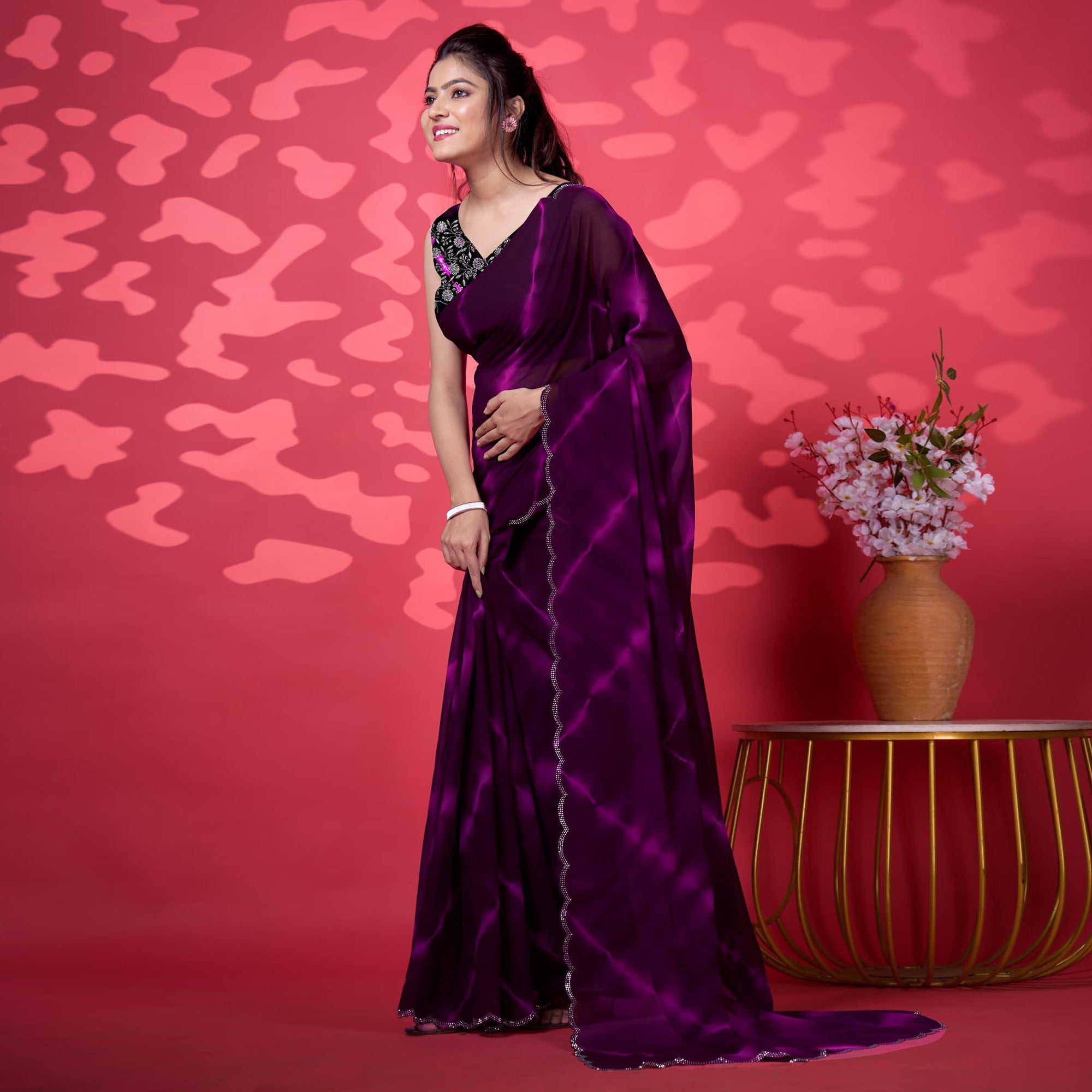 Purple Leheriya Printed Georgette Saree