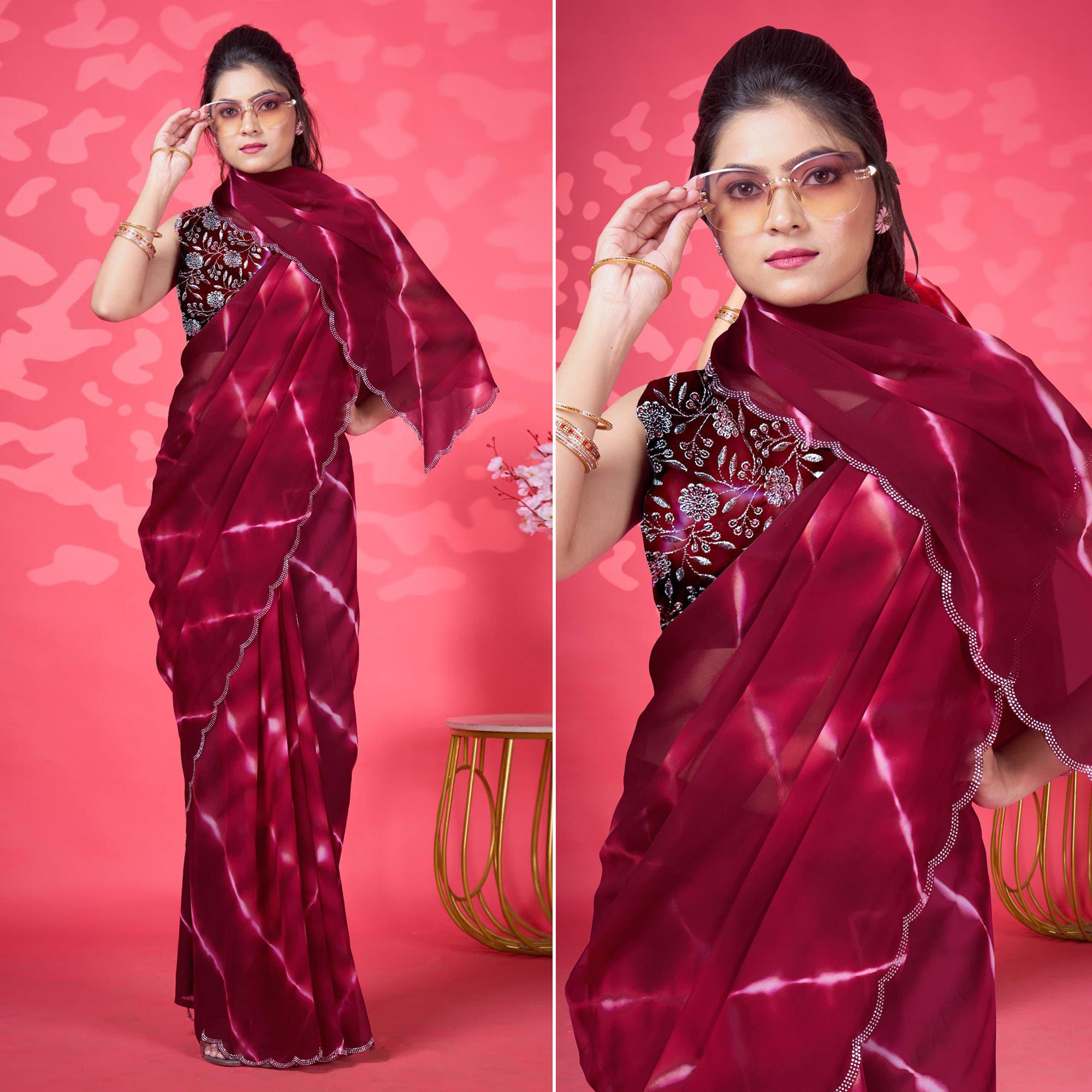 Wine Leheriya Printed Georgette Saree