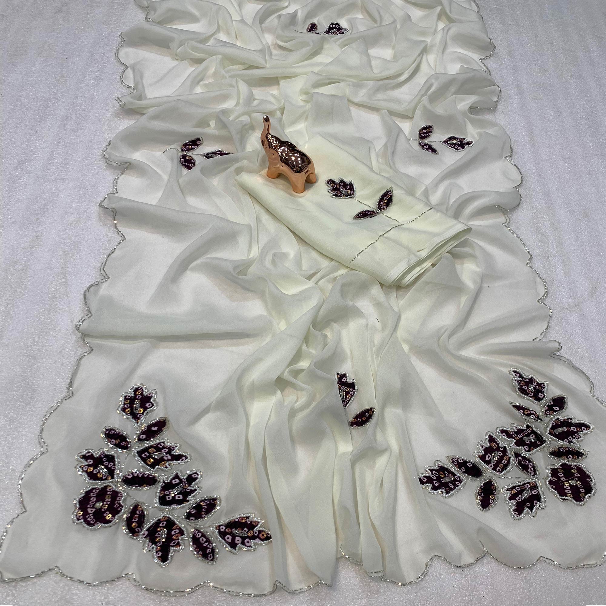 White & Wine Partywear Georgette Saree with Delicate Stone & Bead Work