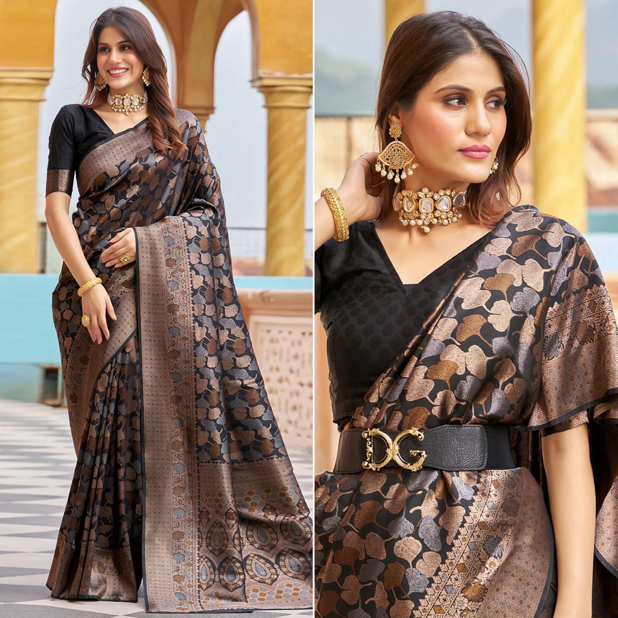 Black Floral Woven Banarasi Silk Saree