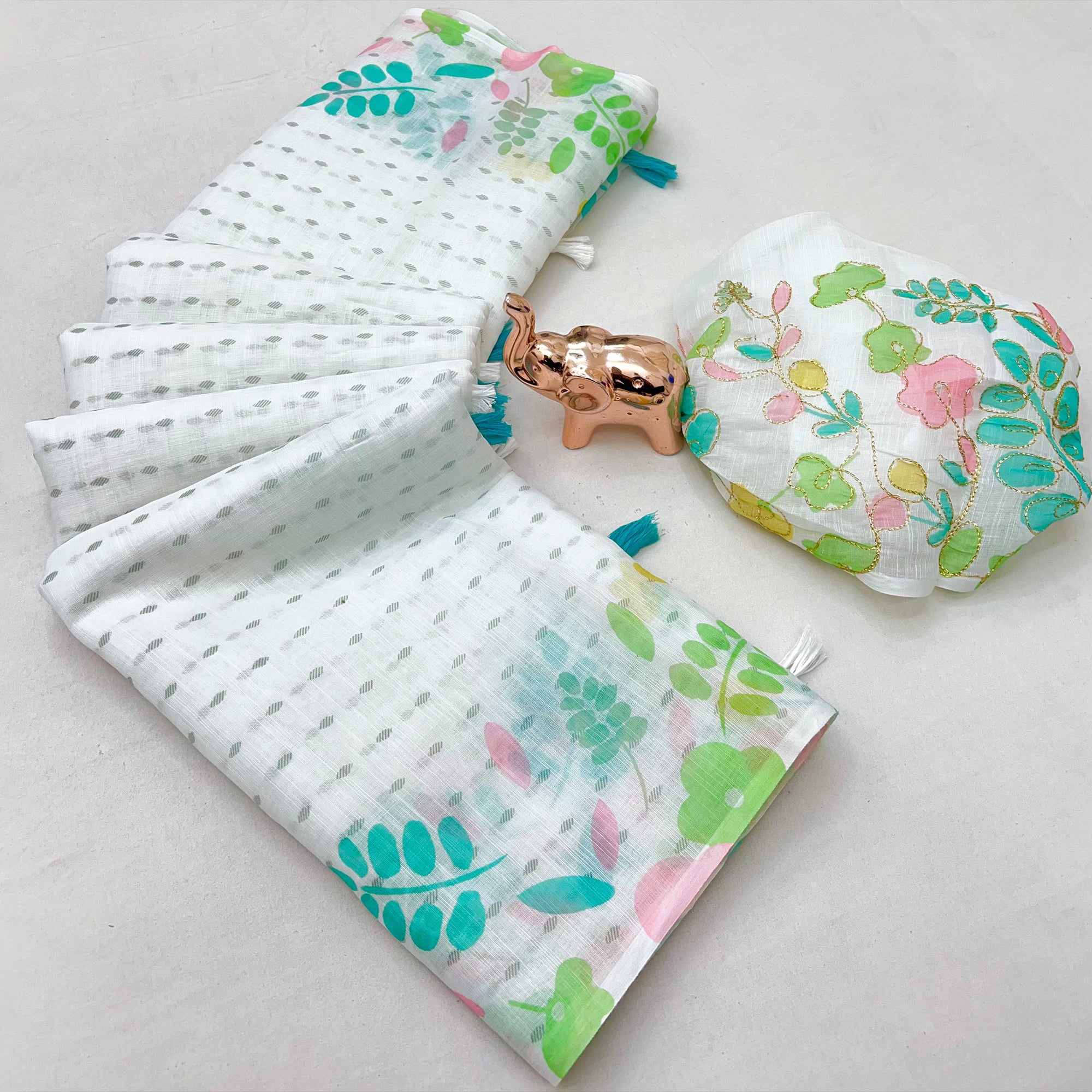 White Linen Cotton Saree with Intricate and Vibrant Digital Printed Designs