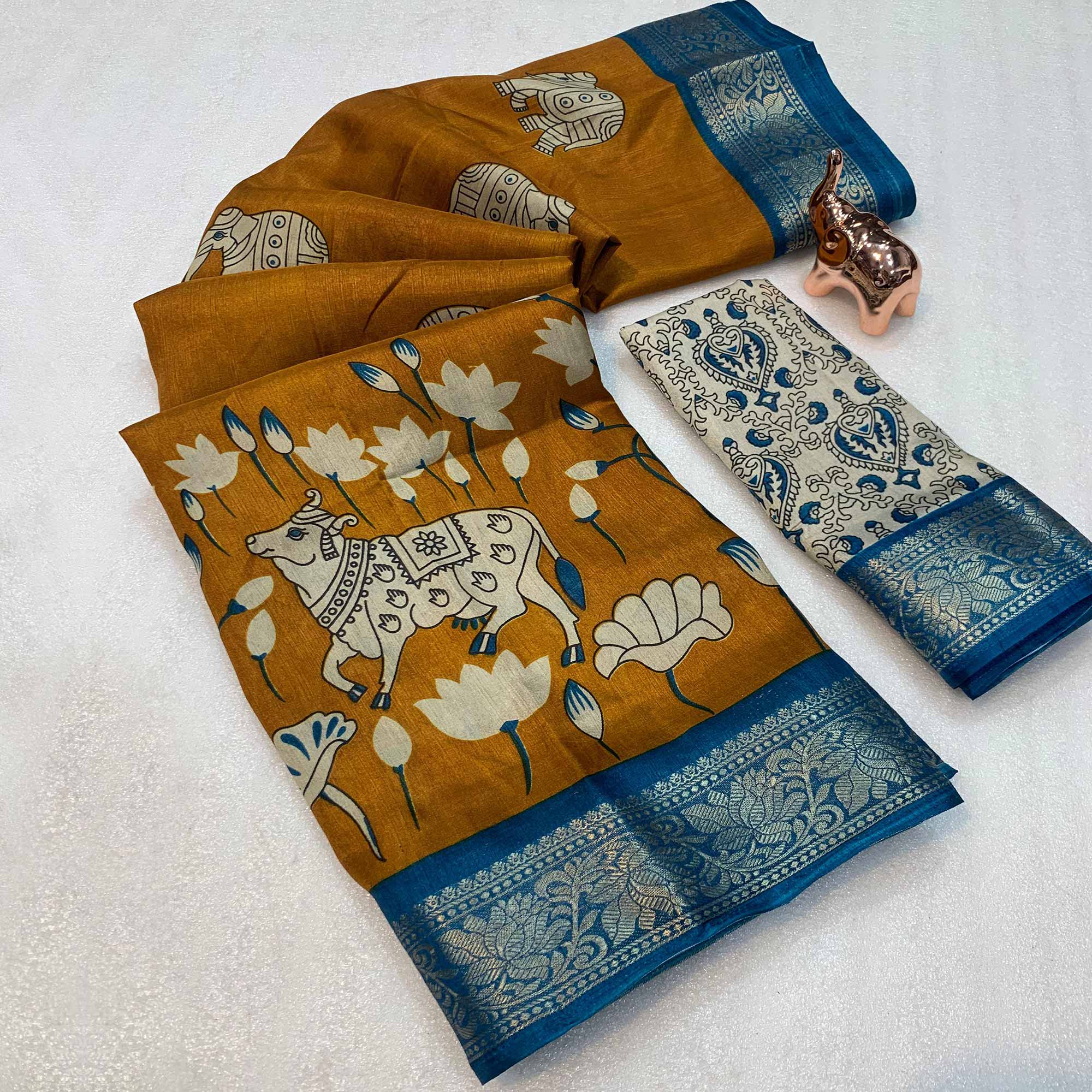 Heritage Inspired Mustard Mulmul Saree Featuring Pichwai Art Prints