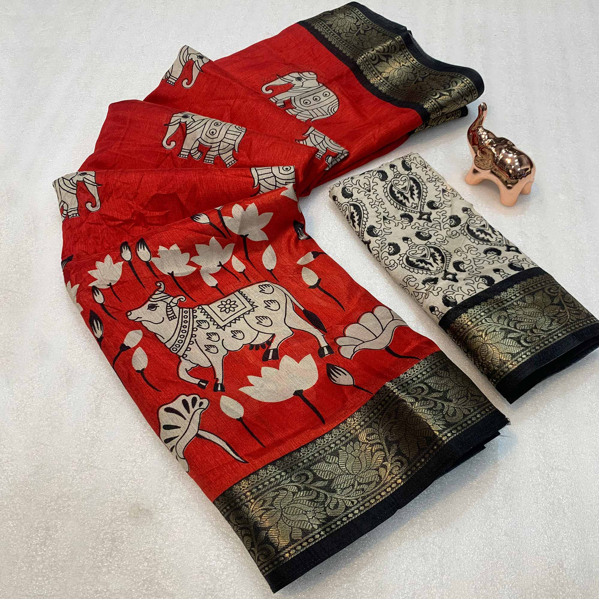 Heritage Inspired Red Mulmul Saree Featuring Pichwai Art Prints