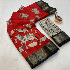 Heritage Inspired Red Mulmul Saree Featuring Pichwai Art Prints