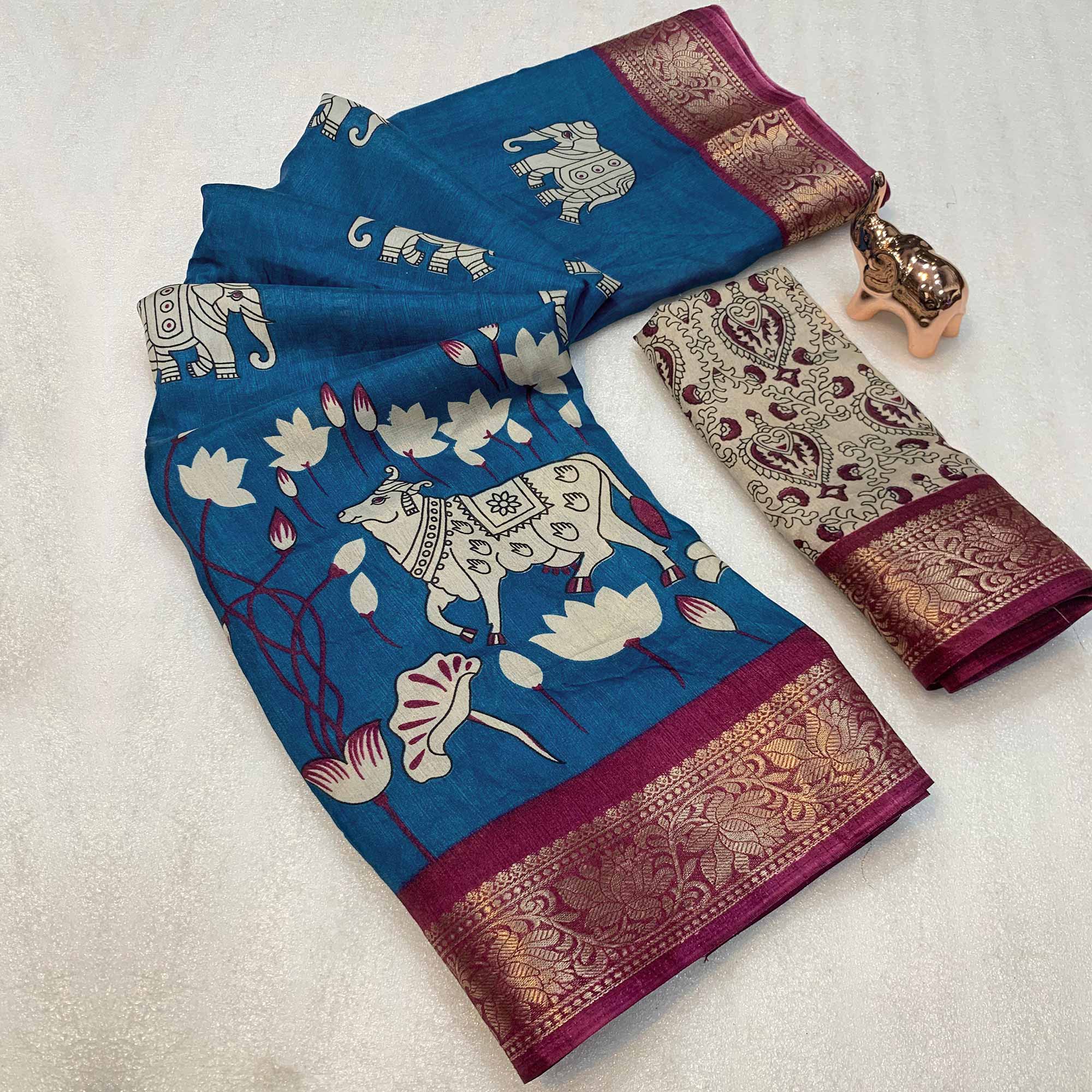 Heritage Inspired Teal Mulmul Saree Featuring Pichwai Art Prints