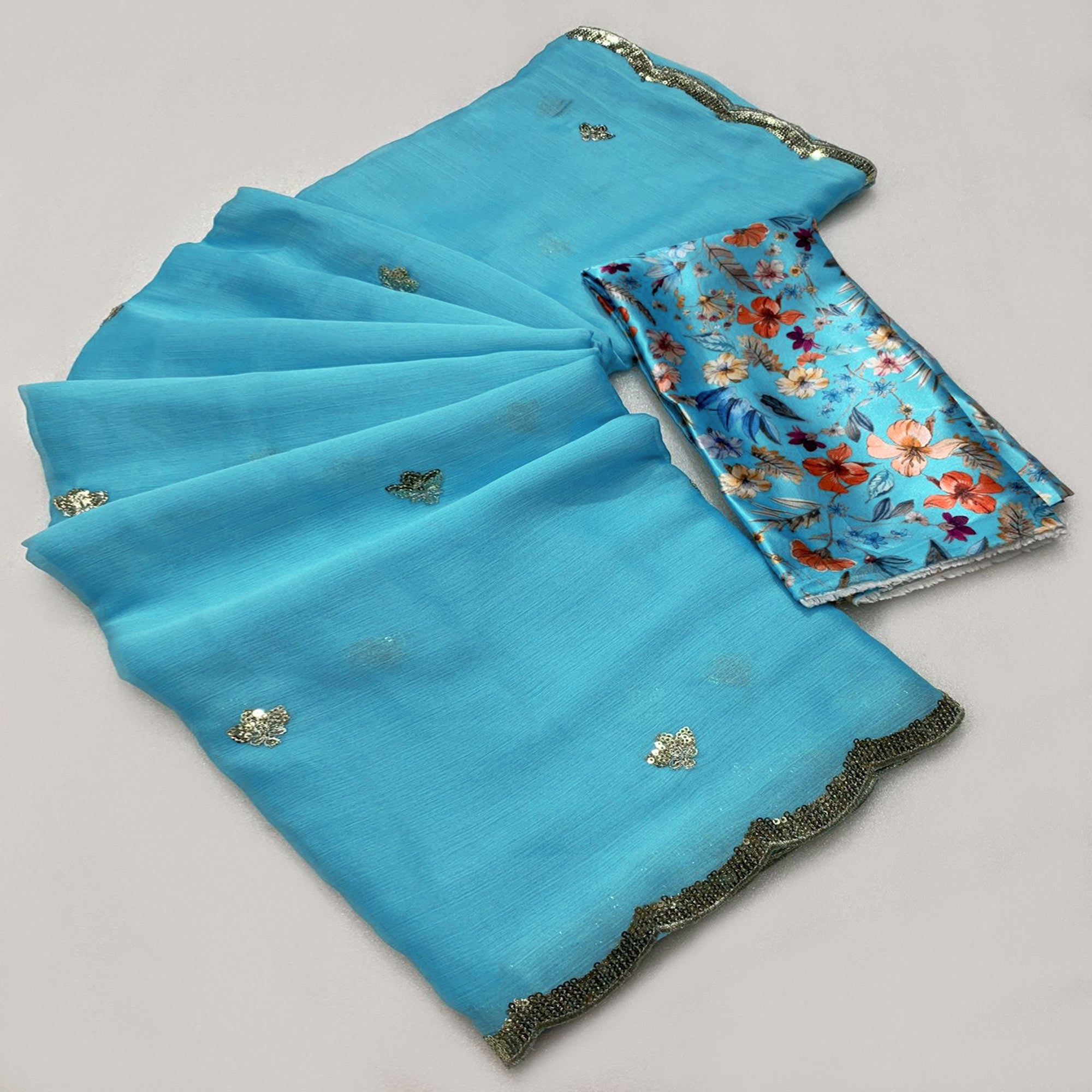 Blue Floral Sequins Embroidered Chiffon Saree