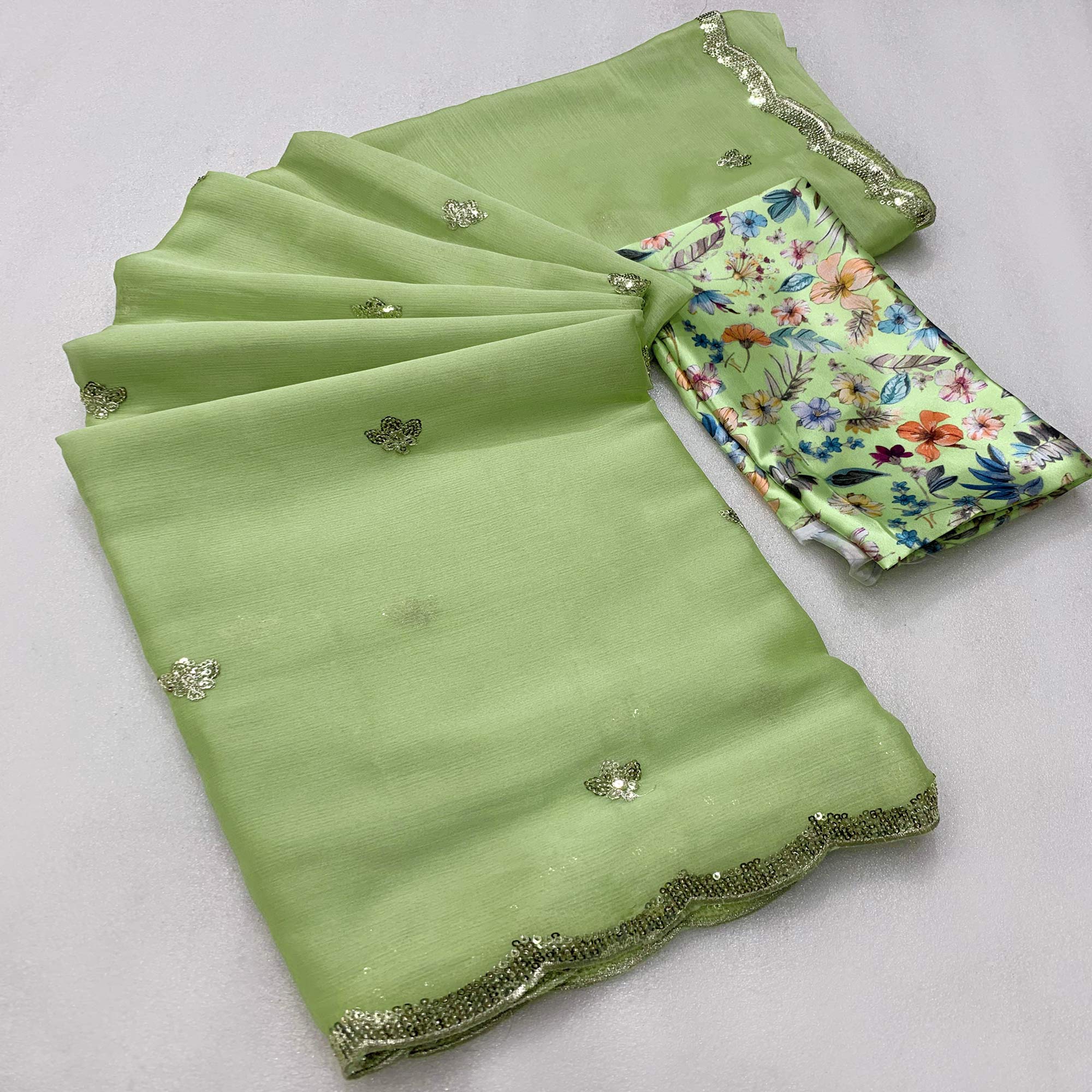 Green Floral Sequins Embroidered Chiffon Saree