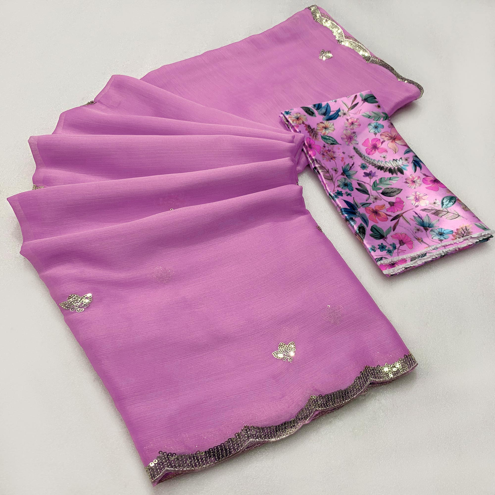 Pink Floral Sequins Embroidered Chiffon Saree