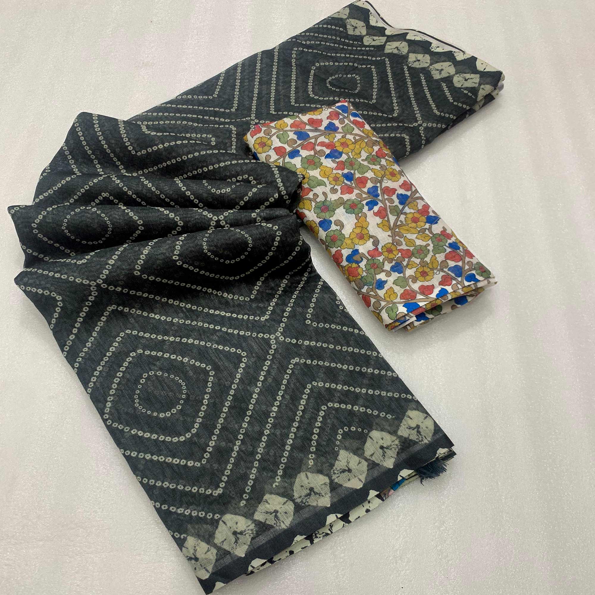 Black Bandhani Printed Linen Saree With Delicate Tassel Border