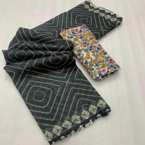 Black Bandhani Printed Linen Saree With Delicate Tassel Border