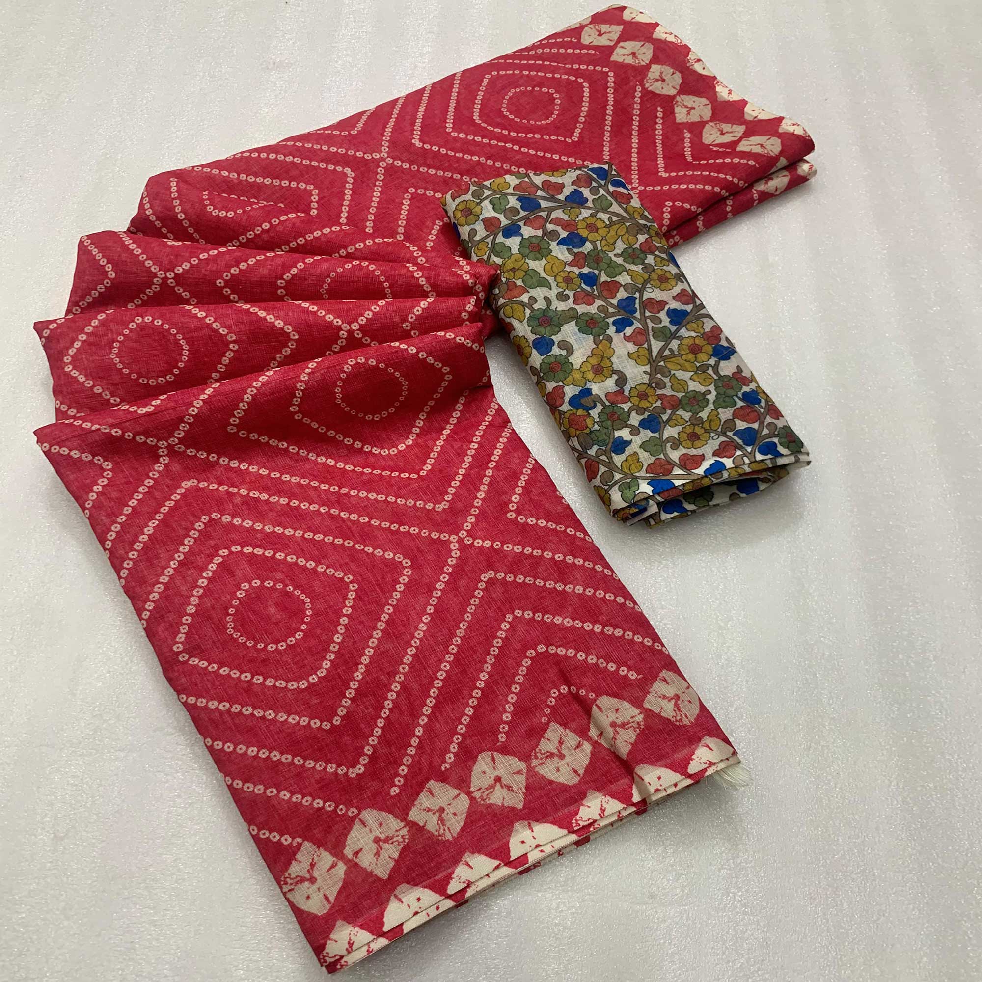 Gajari Pink Bandhani Printed Linen Saree With Delicate Tassel Border