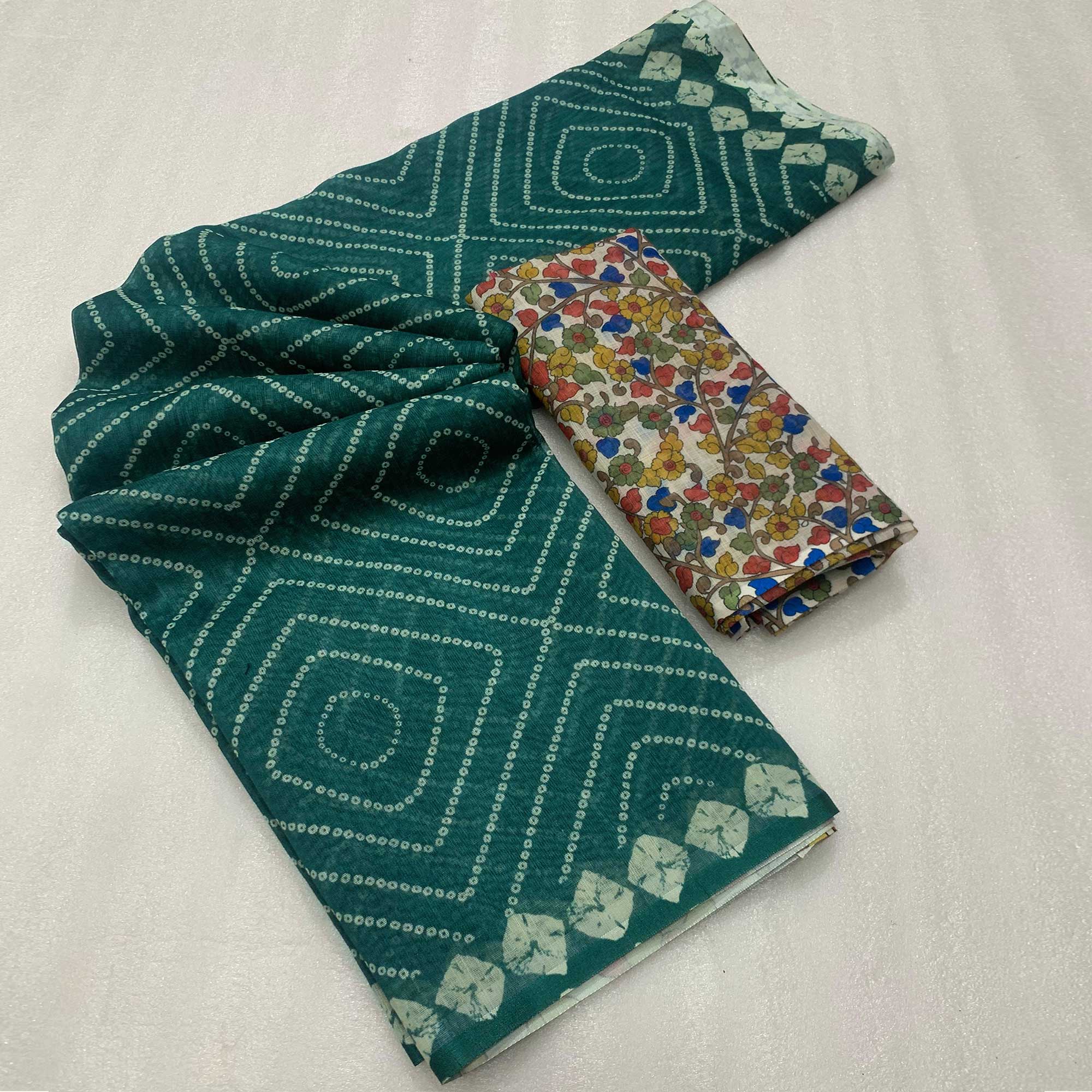Green Bandhani Printed Linen Saree With Delicate Tassel Border