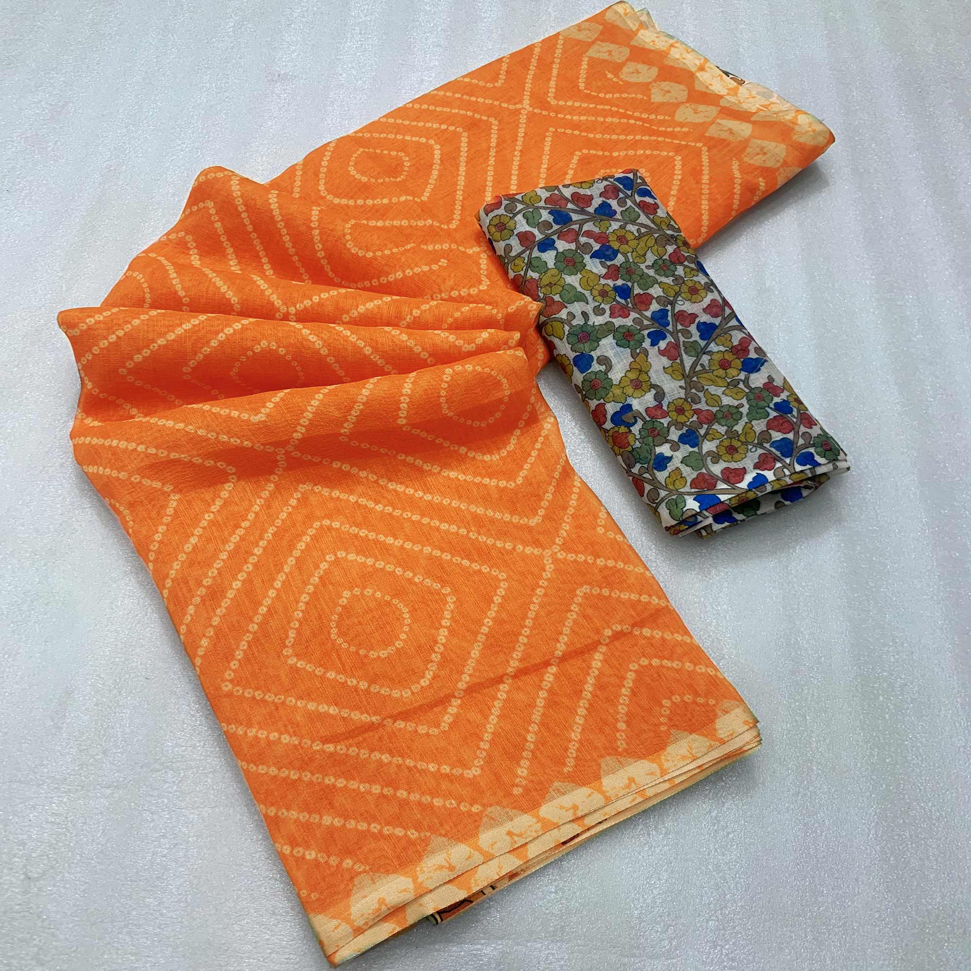 Orange Bandhani Printed Linen Saree With Delicate Tassel Border
