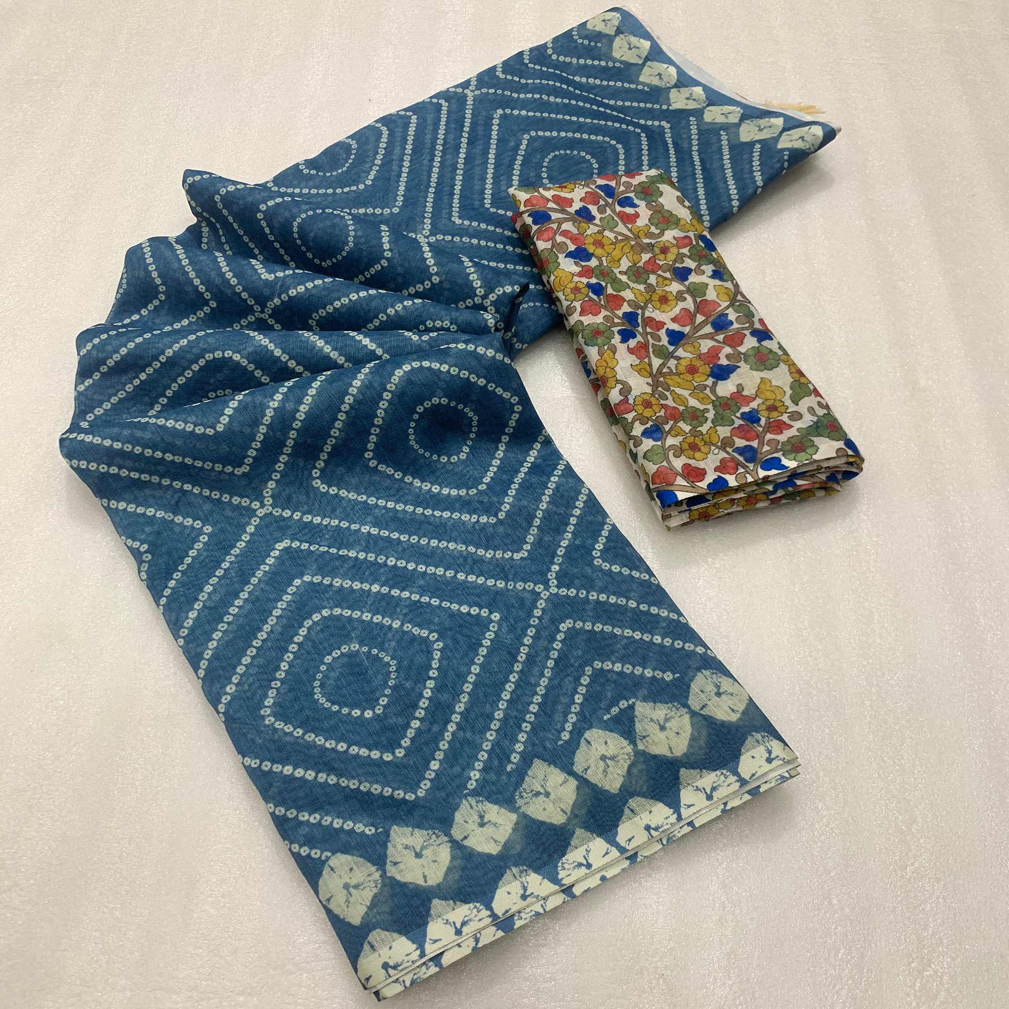 Dark Steel Blue Bandhani Printed Linen Saree With Delicate Tassel Border