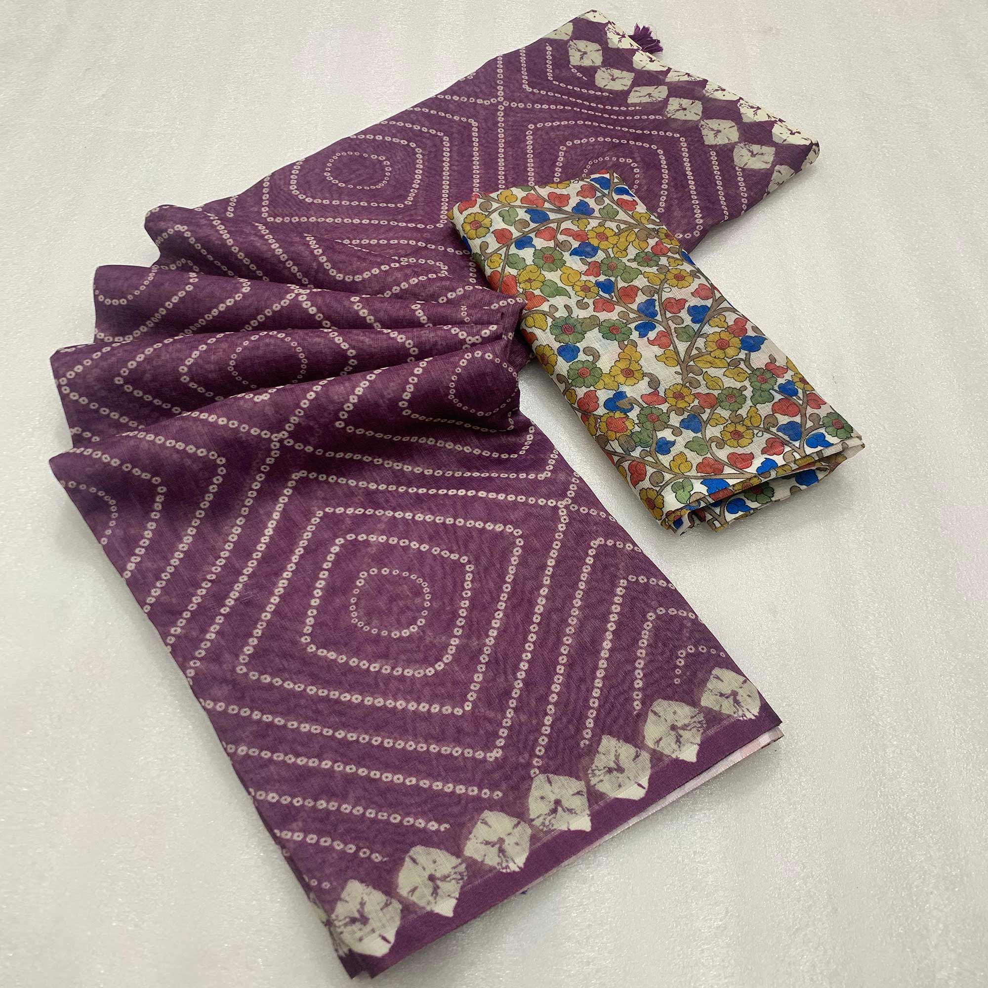 Wine Bandhani Printed Linen Saree With Delicate Tassel Border