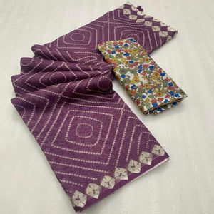 Wine Bandhani Printed Linen Saree With Delicate Tassel Border